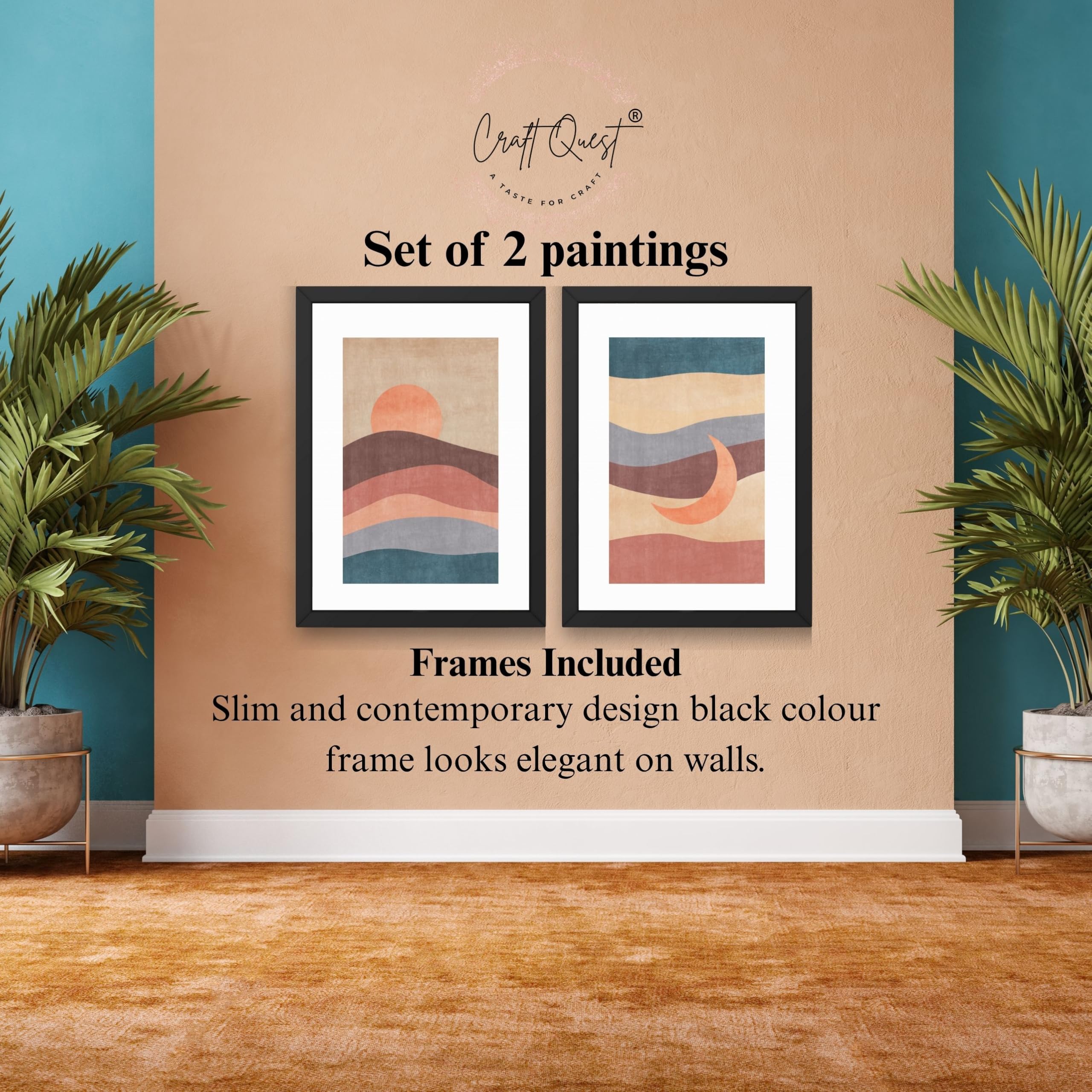 CRAFT QUEST Wall Art Decor Paintings | Set of 2 Sun Moon Wall Art Frames for Home Decoration | Ideal for Living Room, Bedroom & Office