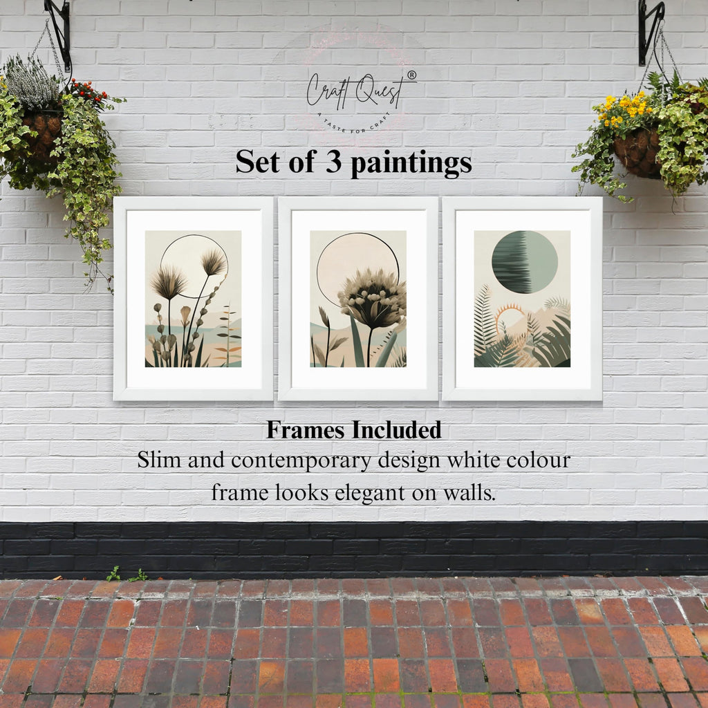 CRAFT QUEST Boho Abstract Flowers & Leaves | Set of 3 Frames for Home Decoration | Ideal for Living Room, Bedroom & Offices