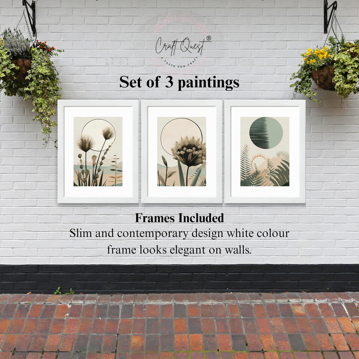 CRAFT QUEST Boho Abstract Flowers & Leaves | Set of 3 Frames for Home Decoration | Ideal for Living Room, Bedroom & Offices