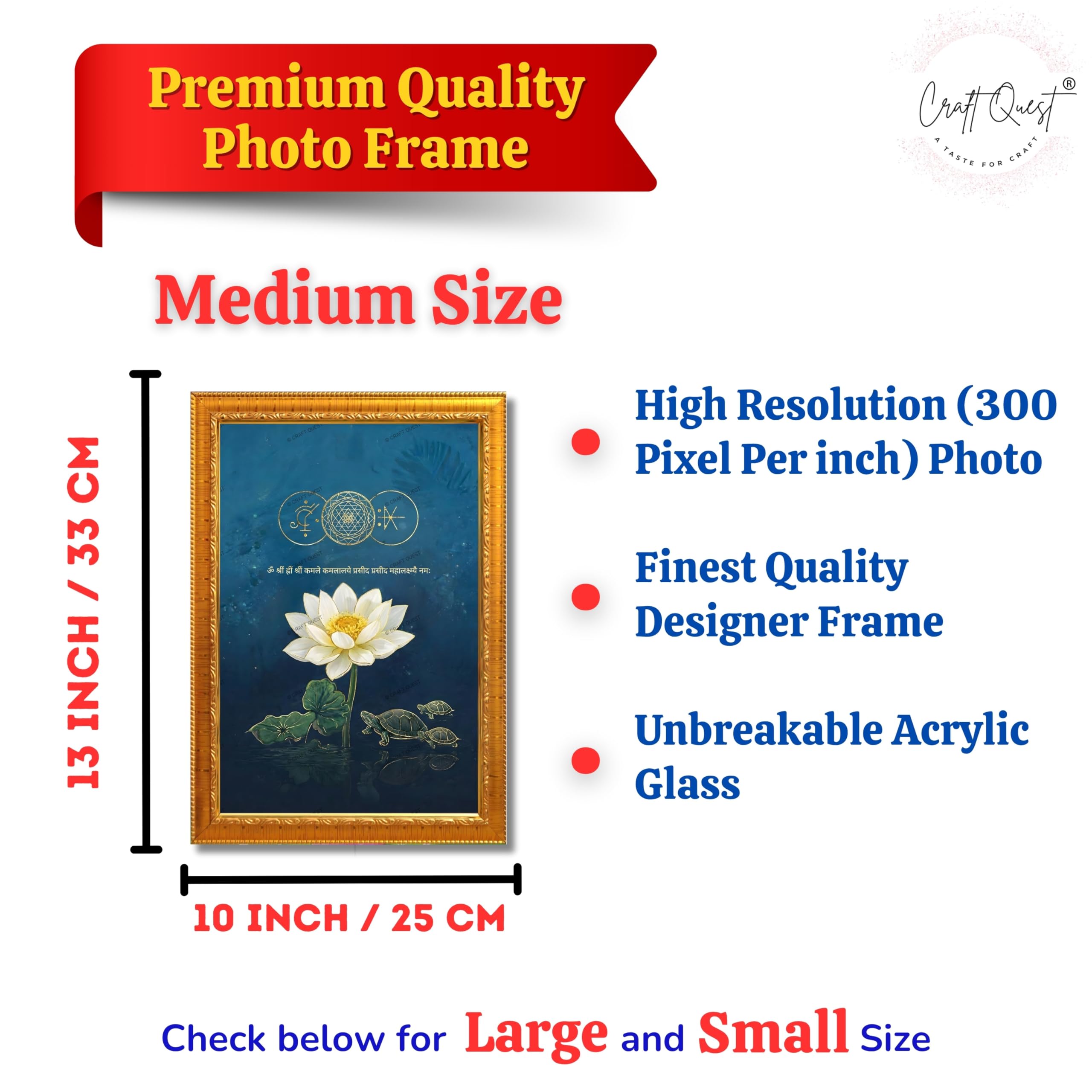CRAFT QUEST Shree Yantra Wealth Attraction Wall Art with Lakshmi Lotus & Tortoise – Vastu Energy Poster for Prosperity, Money Flow & Stability Photo Frame for Home, Office (Golen, 10 X 13 Inches)