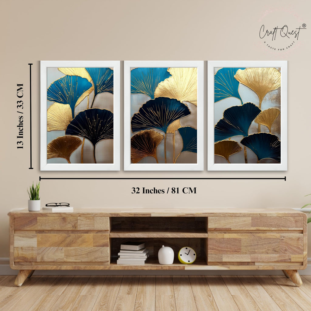 CRAFT QUEST Modern Art Abstract Aureate Geometry Wall Art | Set of 3 Frames for Home Decoration | Ideal for Living Room, Bedroom & Offices