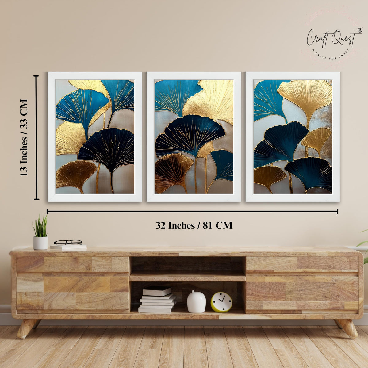 CRAFT QUEST Modern Art Abstract Aureate Geometry Wall Art | Set of 3 Frames for Home Decoration | Ideal for Living Room, Bedroom & Offices