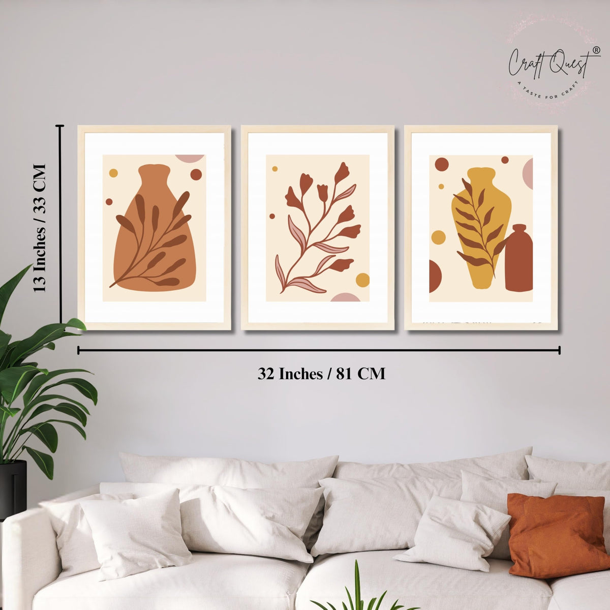 CRAFT QUEST Wall Art Decor Paintings | Set of 3 BOHO Wall Art Frames for Home Decoratio | Ideal for Living Room, Office & Bedrooms