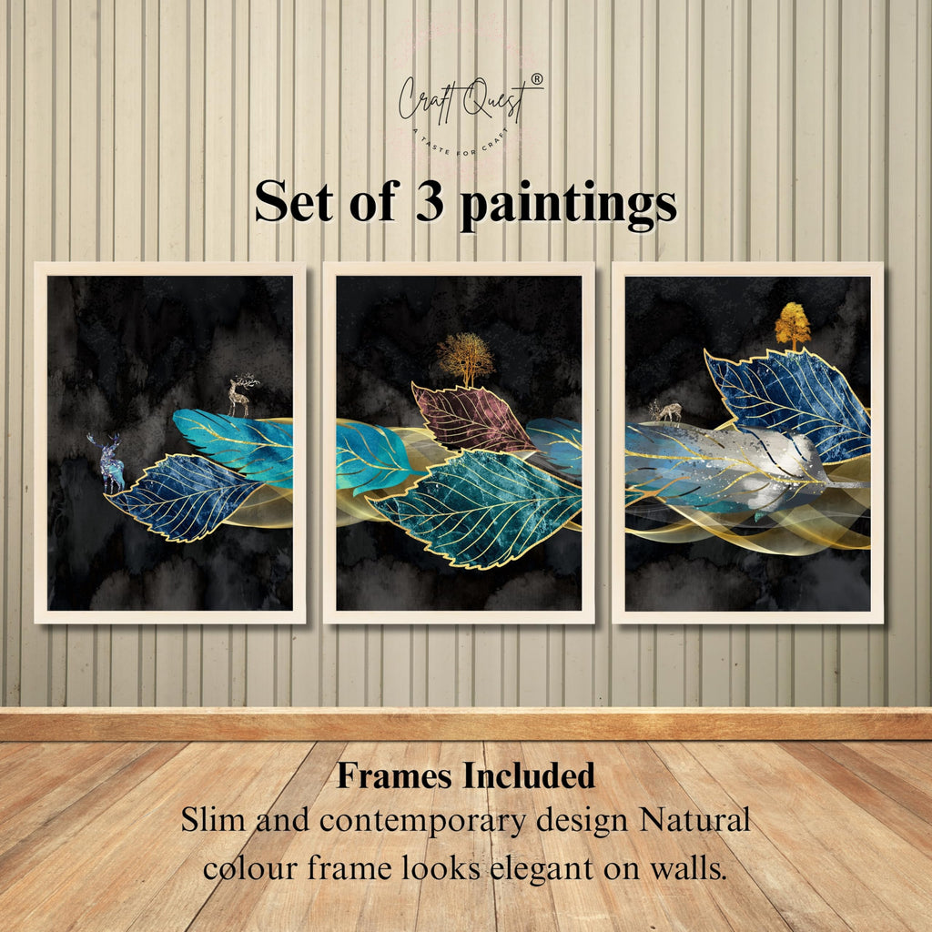 CRAFT QUEST Modern Art Blue,Turquoise & Red Leaves Wall Art | Set of 3 Frames for Home Decoration | Ideal for Living Room, Bedroom & Offices