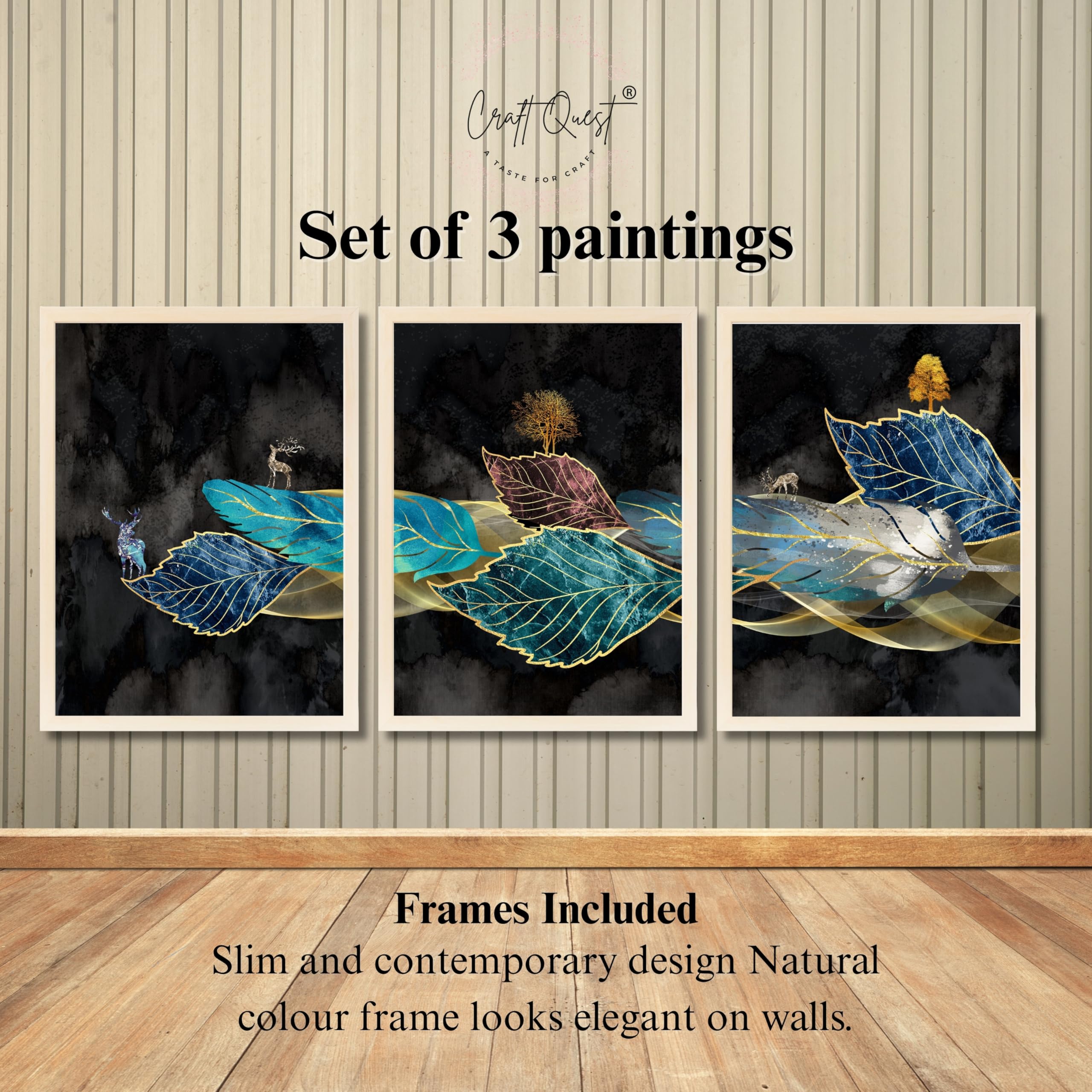 CRAFT QUEST Modern Art Blue,Turquoise & Red Leaves Wall Art | Set of 3 Frames for Home Decoration | Ideal for Living Room, Bedroom & Offices