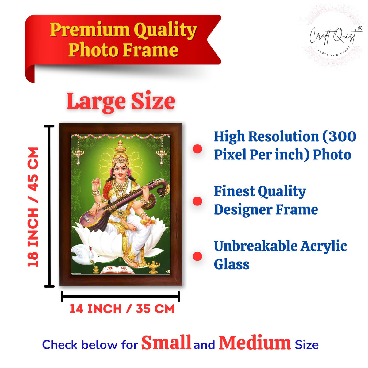 CRAFT QUEST Saraswati Devi Goddess Saraswathi Maa Wall Painting Sparkle Coated Framed Home Décor