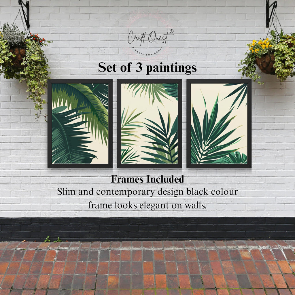 CRAFT QUEST Nature Inspired Tropical Palm Leaves Modern Wall Art | Set of 3 Frames for Home Decoration | Ideal for Living Room, Bedroom & Offices