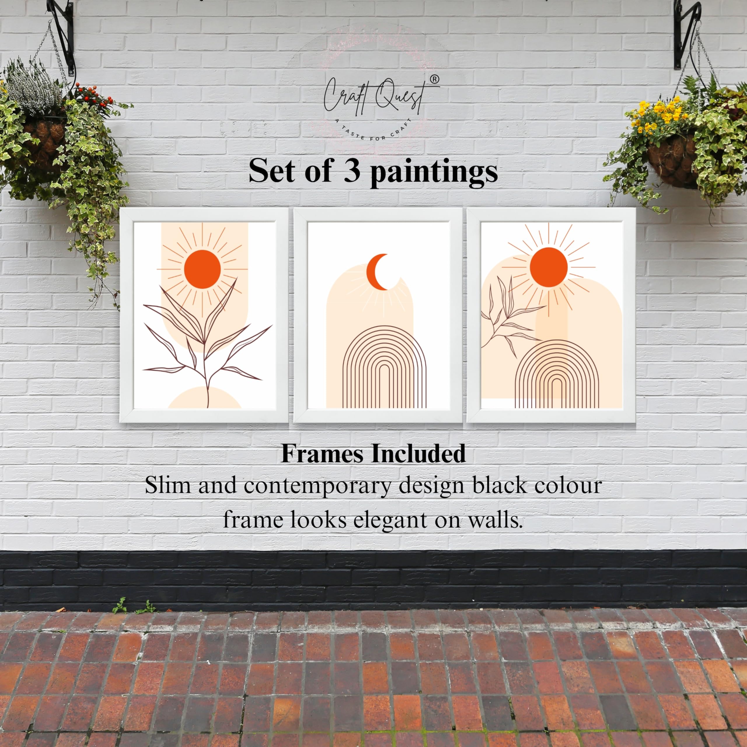 CRAFT QUEST Wall Art Decor Paintings | Set of 3 BOHO Wall Art Frames for Home Decoration | Ideal for Living Room, Bedroom & Office
