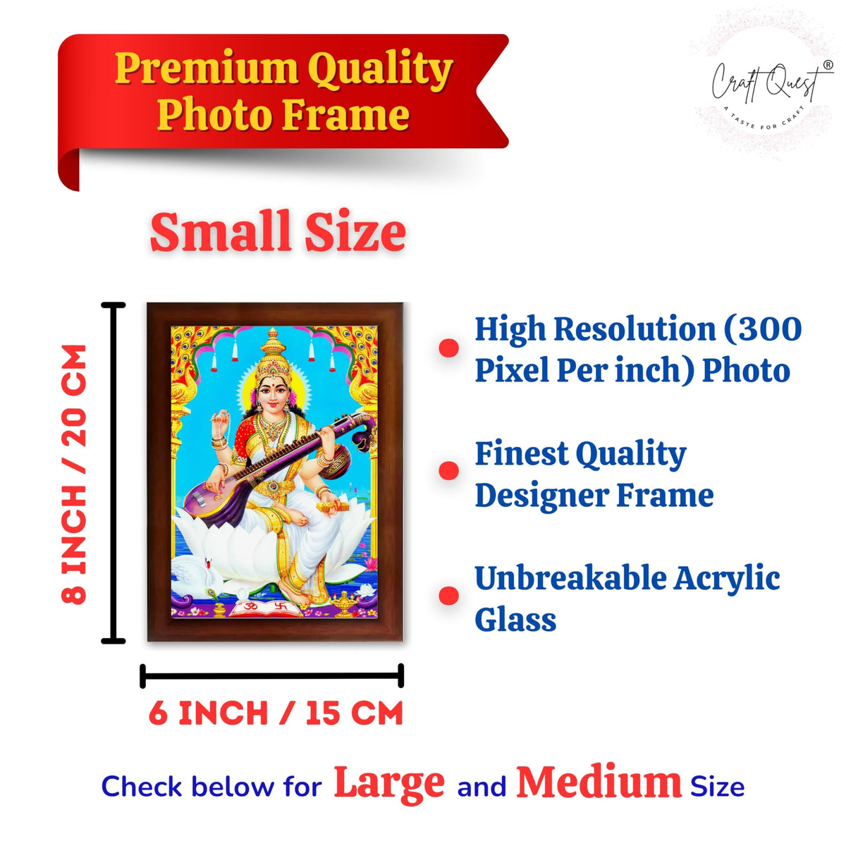 CRAFT QUEST Saraswati Devi Goddess Saraswathi Maa Wall Painting Sparkle Coated Framed Home Décor Synthetic wood Frame