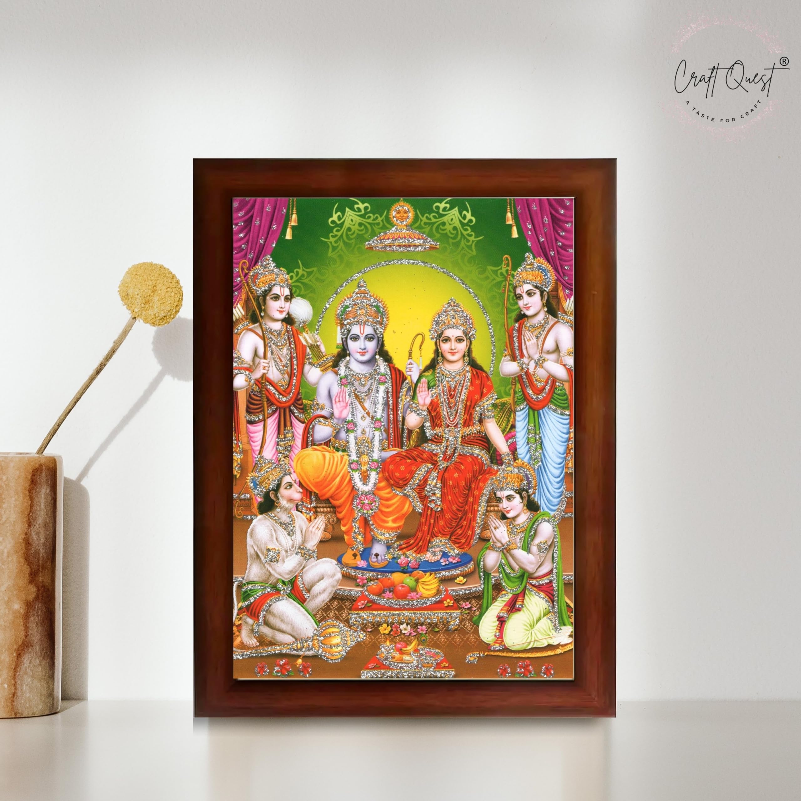 CRAFT QUEST Ram Darbar Lord Shri Rama Sita Parivar Family Wall Painting Framed Home and Pooja Decor