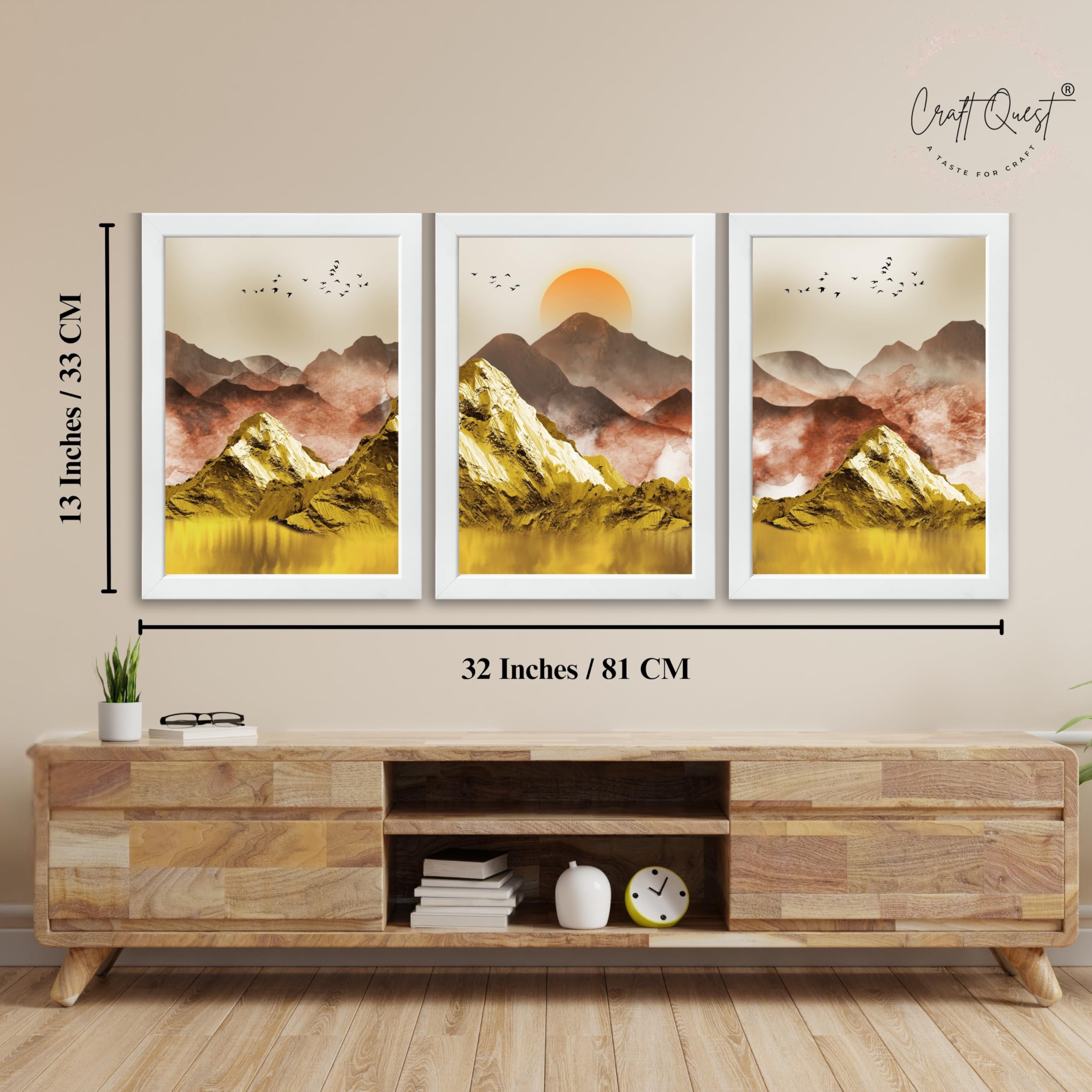 CRAFT QUEST Modern Art Mural Landscape Golden Mountains & Birds Wall Art | Set of 3 Frames for Home Decoration | Ideal for Living Room, Bedroom & Offices