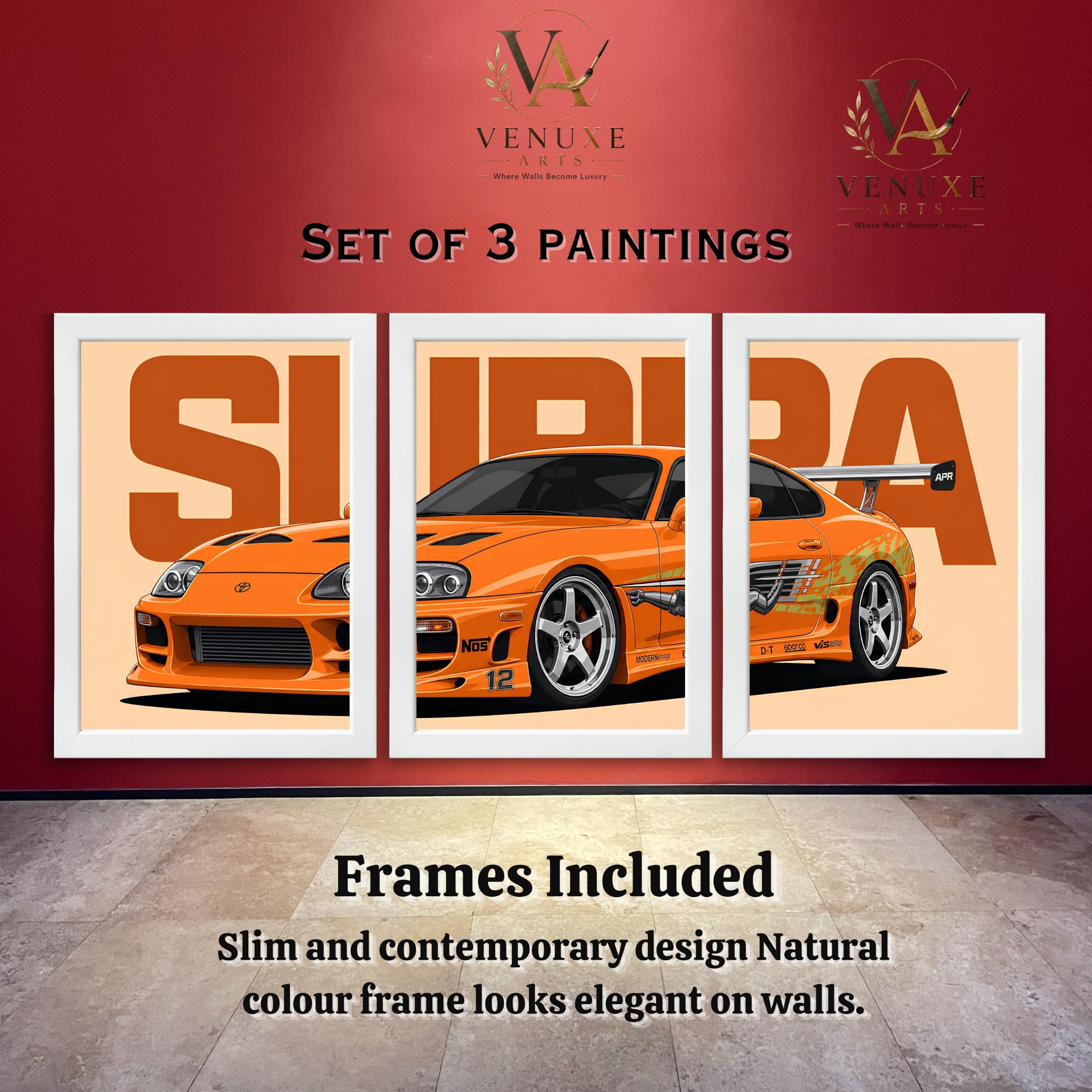 VENUXE ARTS Set Of 3 Big Sports Cars Framed Posters Gift Items for Boys Room Wall Decoration Bedroom Living Room Office Studio Décor | Car Poster Frame for Wall Décor