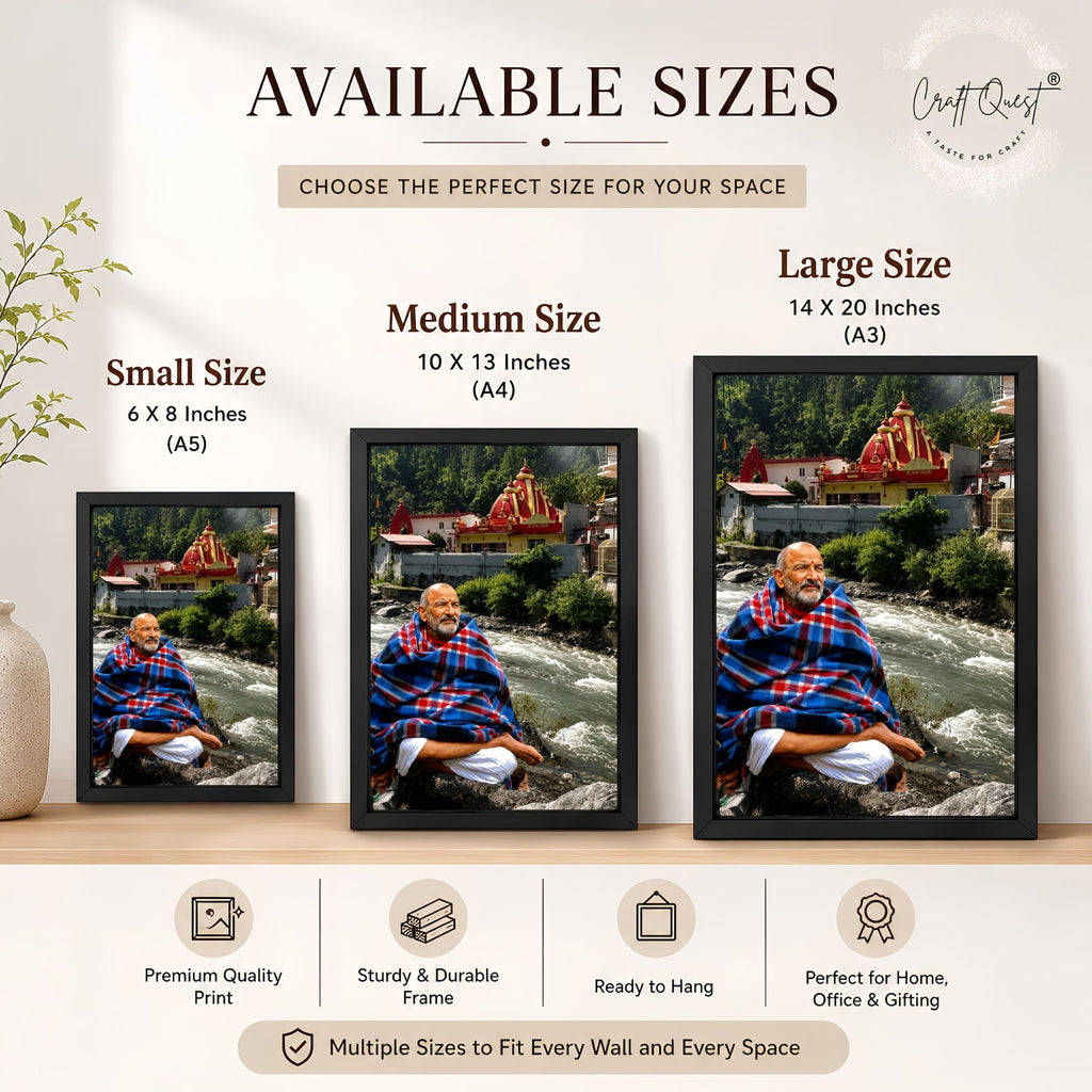 CRAFT QUEST Neem Karoli Baba Maharaj Ji Smiling Portrait Photo Frame for Wall | Spiritual Guru Religious Wall Art | Devotional Photo for Home, Mandir, Puja Room & Gifting