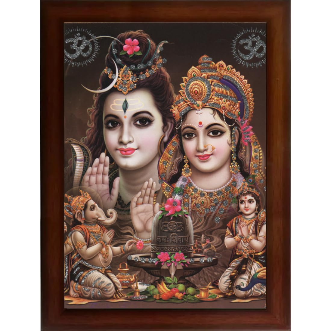CRAFT QUEST Shiv Parivar (Shiv Shankar, Maa Parvati, Ganesh and Kartikey) Religious Wood Photo Frame Sparkle Coated for Pooja (Multicolour, 14 X 10 inch)