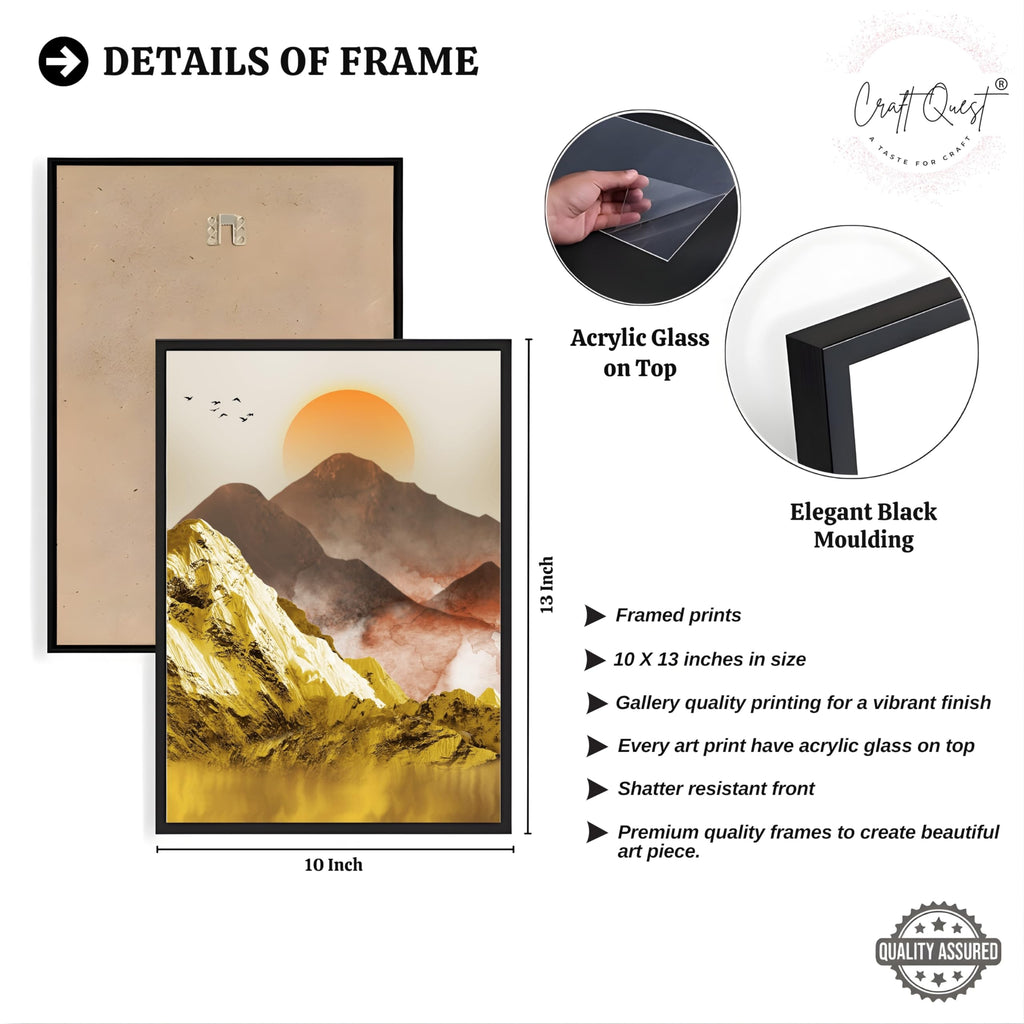 CRAFT QUEST Modern Art Mural Landscape Golden Mountains & Birds Wall Art | Set of 3 Frames for Home Decoration | Ideal for Living Room, Bedroom & Offices