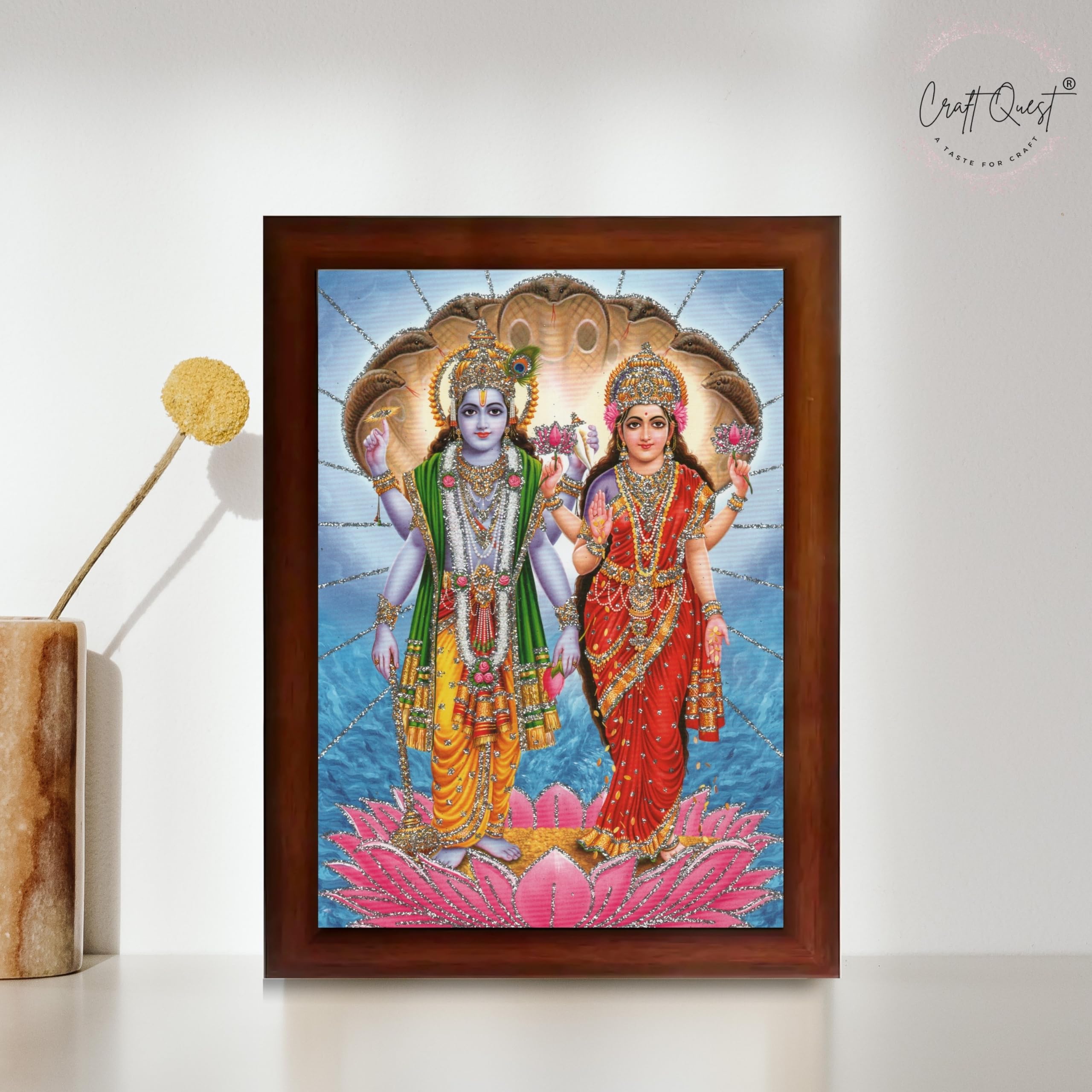 CRAFT QUEST Lord Vishnu Dev Lakshmi Devi Laxmi Narayan Ji Wall Painting Framed Home Decor, Religious Photo Frame