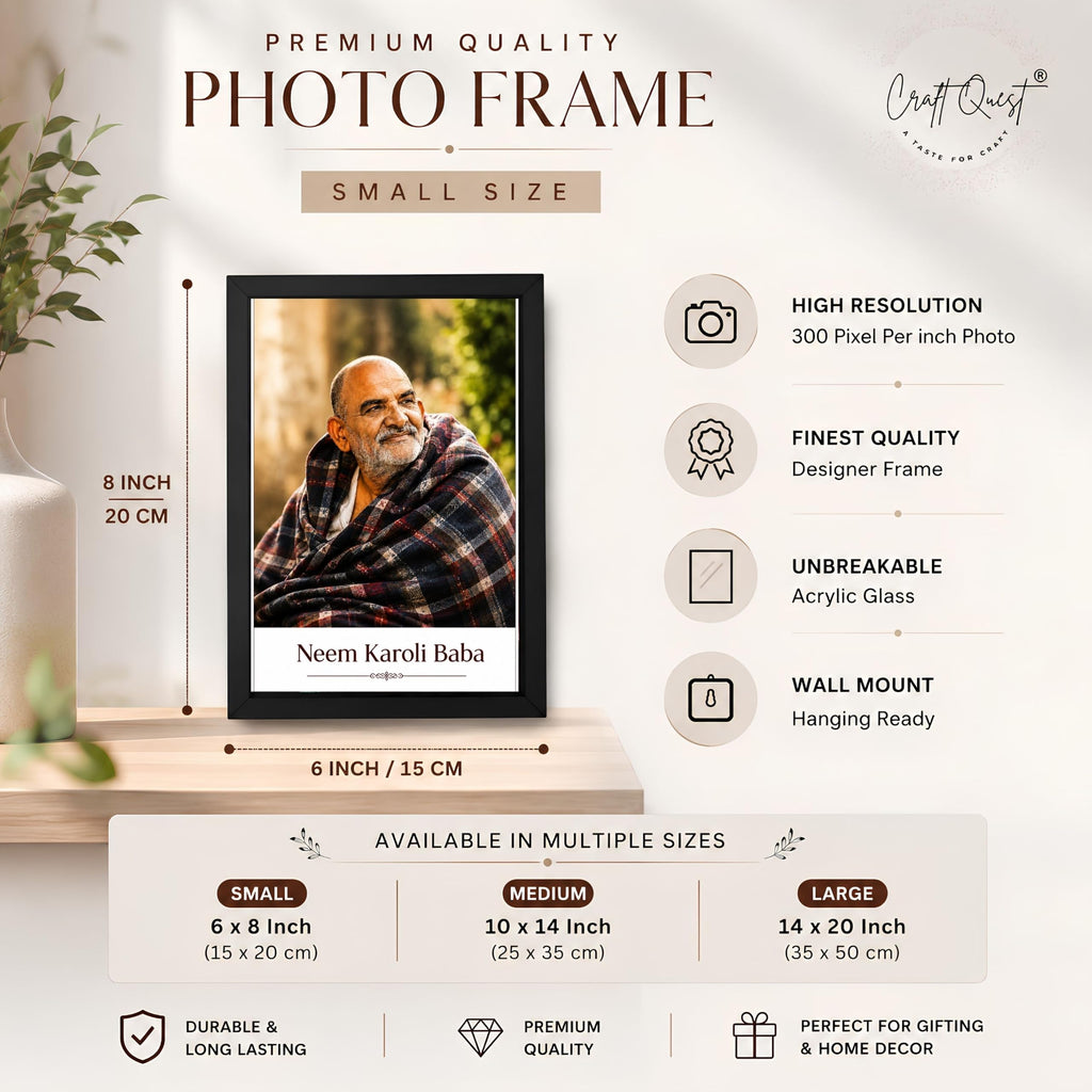 CRAFT QUEST Neem Karoli Baba Maharaj Ji Smiling Portrait Photo Frame for Wall | Spiritual Guru Religious Wall Art | Devotional Photo for Home, Mandir, Puja Room & Gifting