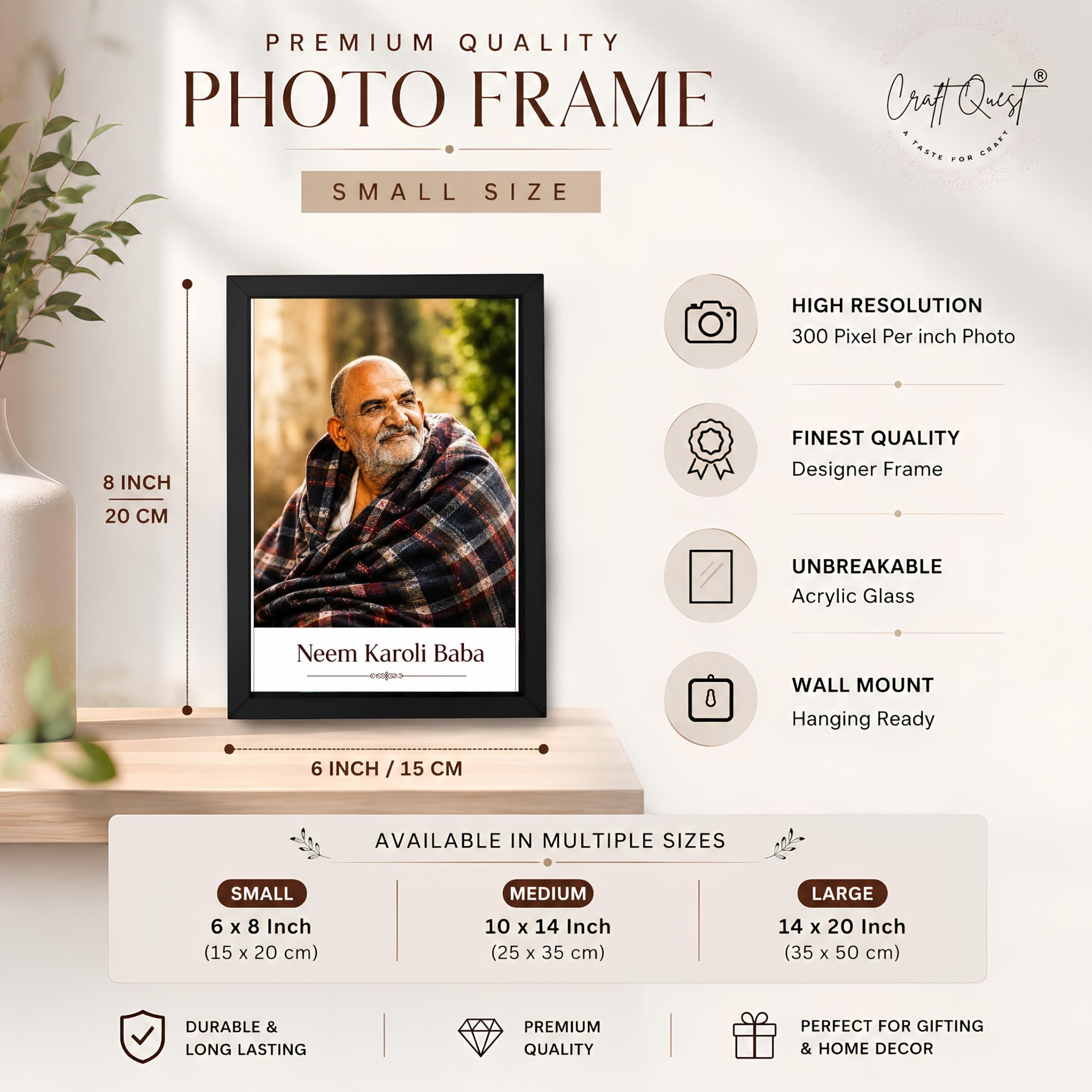 CRAFT QUEST Neem Karoli Baba Maharaj Ji Smiling Portrait Photo Frame for Wall | Spiritual Guru Religious Wall Art | Devotional Photo for Home, Mandir, Puja Room & Gifting