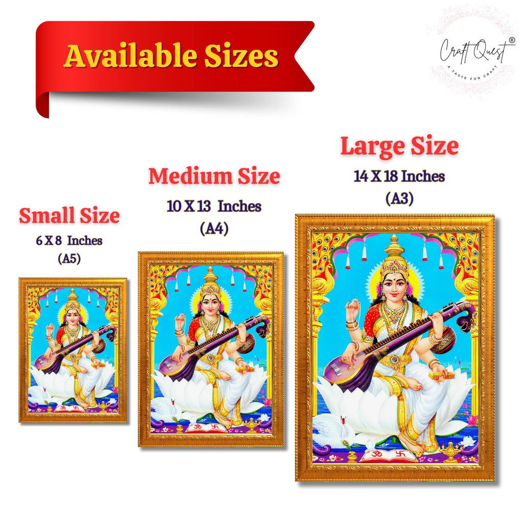 CRAFT QUEST Saraswati Devi Goddess Saraswathi Maa Wall Painting Sparkle Coated Framed Home Décor Synthetic wood Frame