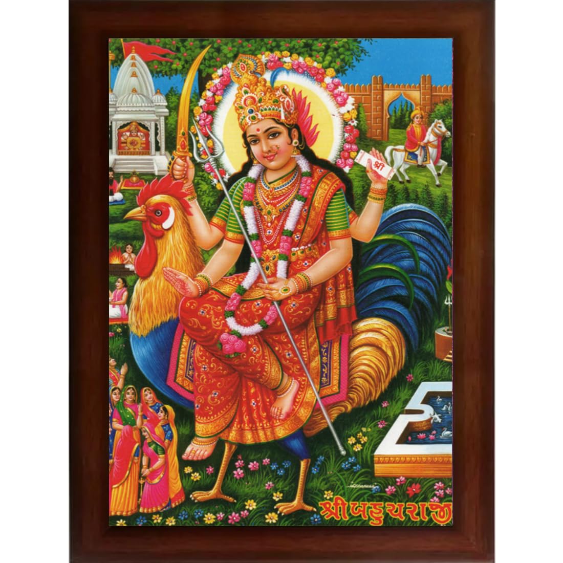 CRAFT QUEST Bahuchra Mata photo with brown frame, God Religious Framed Painting (Large Size 14 X 10 Inches. Multicolour)