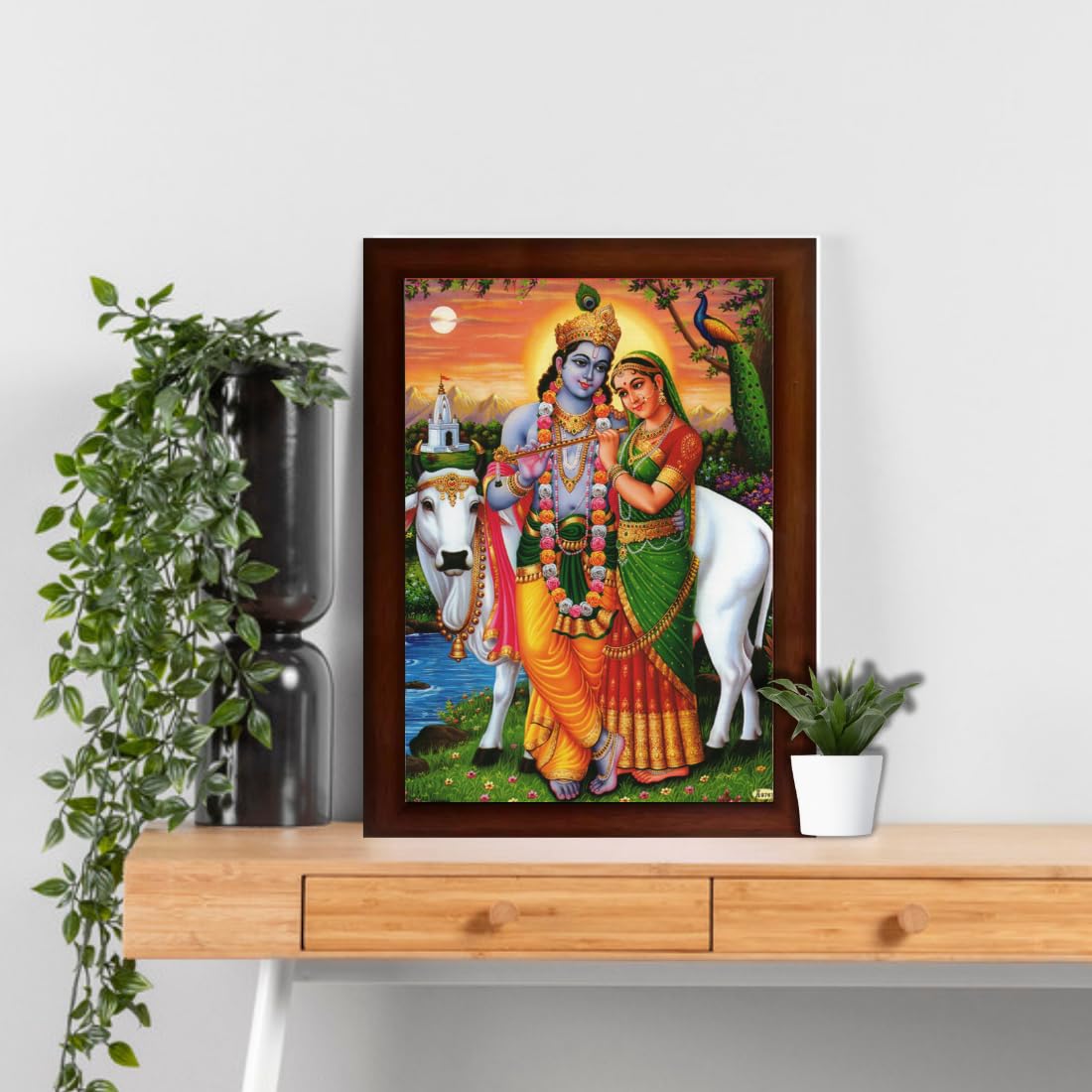 Craft Quest Radha Krishna Sparkle Coated Home Decorative Gift Item Framed Painting (10 X 14 Inches, Brown) RK1013-16