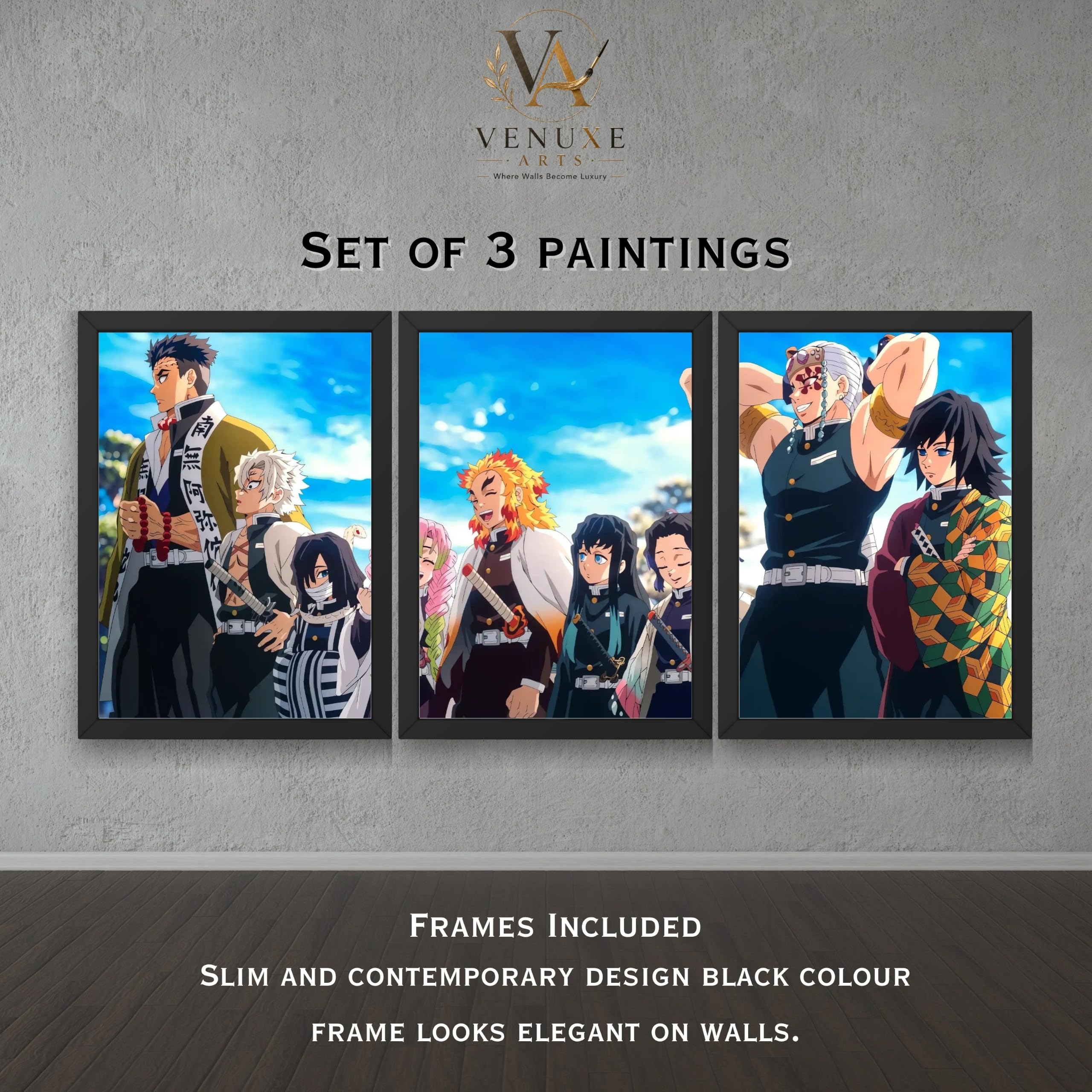 VENUXE ARTS Set Of 3 Anime Characters Wall Framed |Anime Characters Framed Poster for Living Room Bedroom Gaming Room Studio Wall Decor