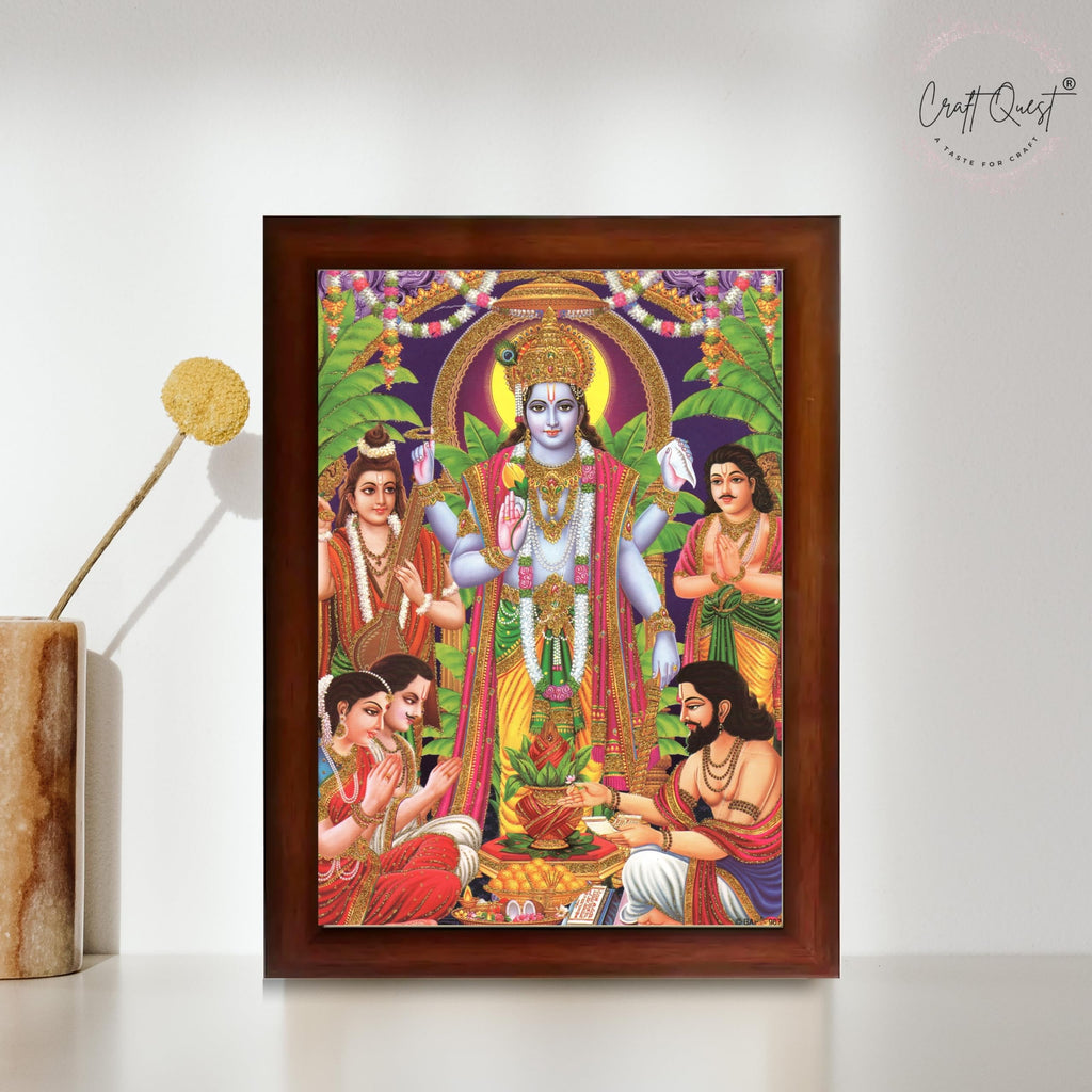CRAFT QUEST Lord Satyanarayana Swamy | Bhagwan Satyanarayan Wall Painting Religious Wood Photo Frame with Acrylic glass