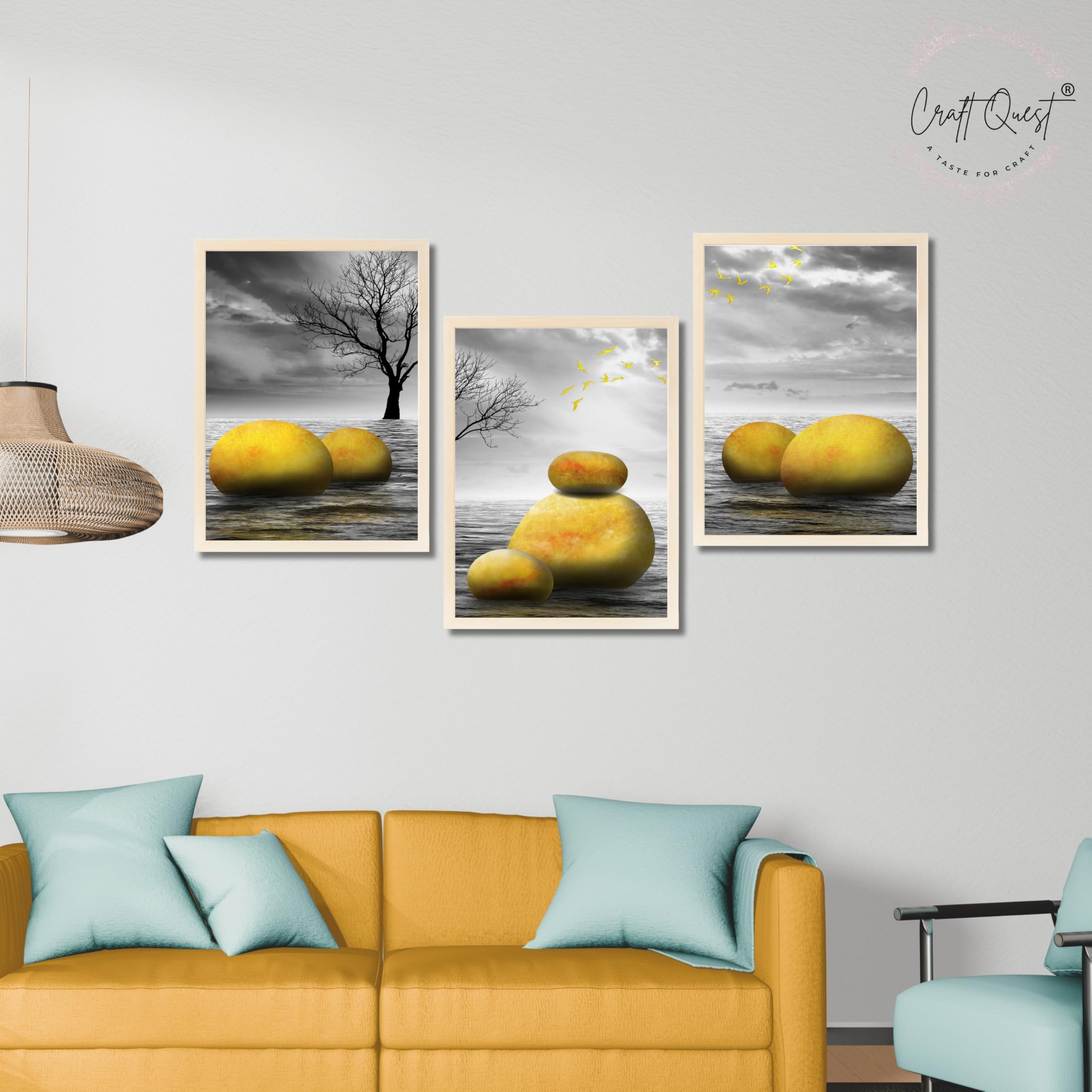 CRAFT QUEST Modern Abstract Golden Stone Art | Set of 3 Frames for Home Decoration | Ideal for Living Room, Bedroom & Offices