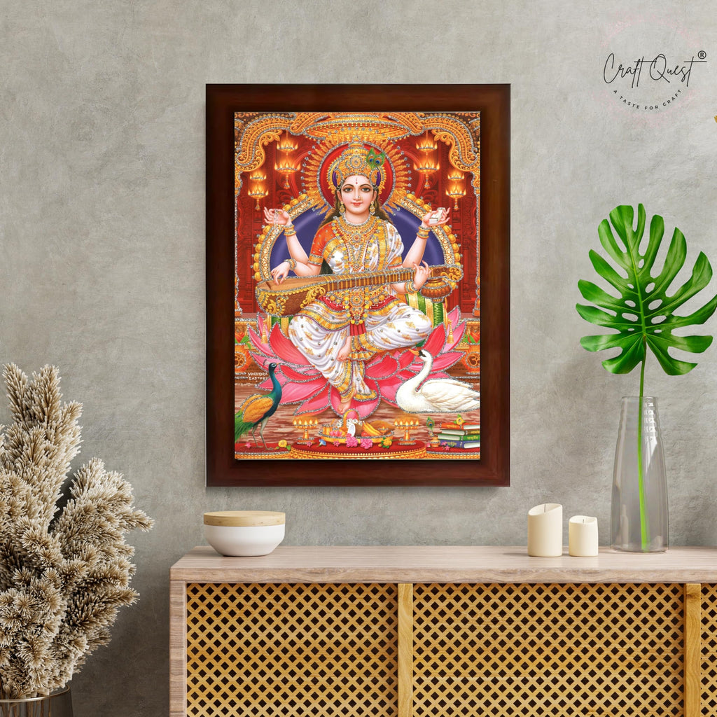 CRAFT QUEST Saraswati Devi Goddess Saraswati Maa Wall Painting Framed Home Decor wooden framed