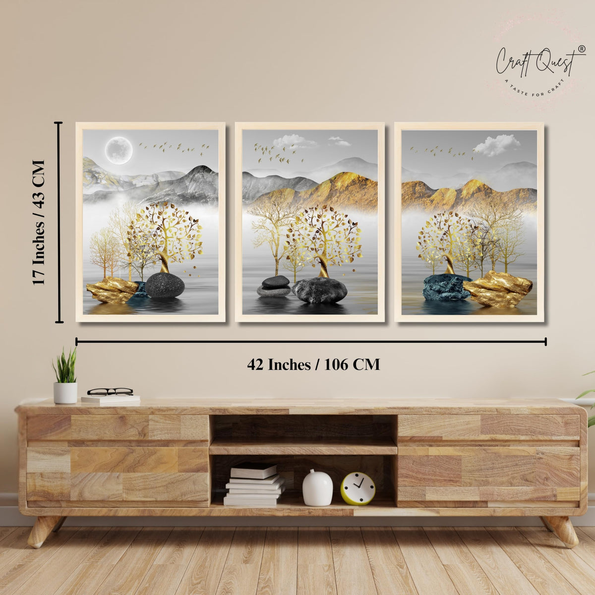 CRAFT QUEST Modern Art Landscape Golden Tree,Birds & Mountains Wall Art | Set of 3 Frames for Home Decoration | Ideal for Living Room, Bedroom & Offices