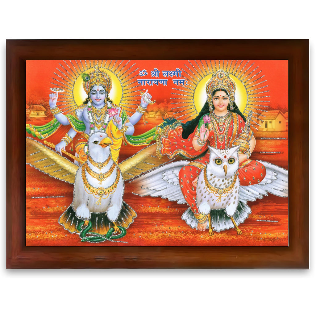 CRAFT QUEST Lord Vishnu and Goddess Lakshmi Giving Blessing on Garud Jii, Glitter Work Painting wooden frame