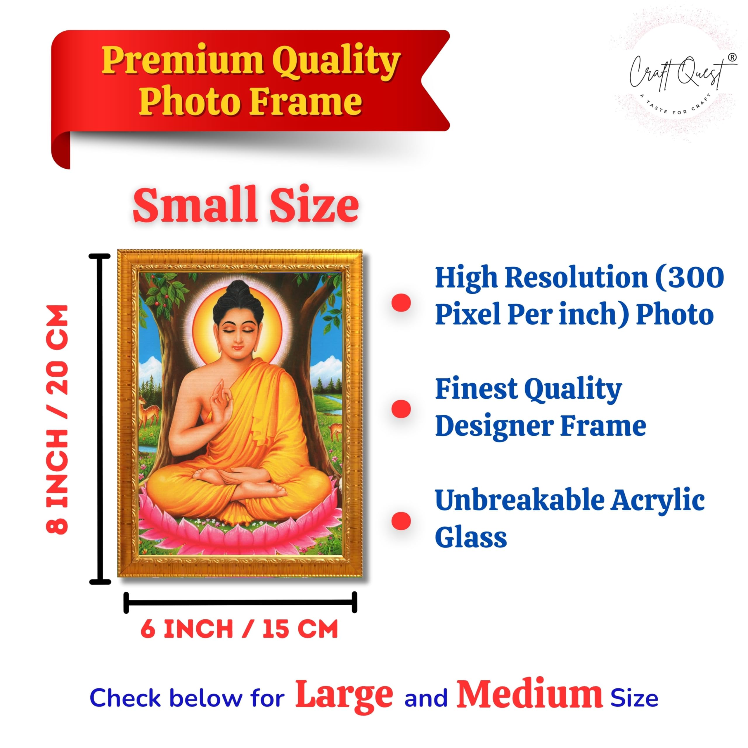 CRAFT QUEST Lord Buddha Photo Frame | Premium HD Spiritual Wall Frame | Peaceful Gautam Buddha Picture for Home Decor, Meditation Room & Office