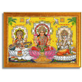 CRAFT QUEST Lakshmi Devi with ganesh ji and saraswati mata Wall Painting Photo Frame Home Decor (Synthetic, Golden, Sparkle Finish, Small Size, 8 X 6 Inch)