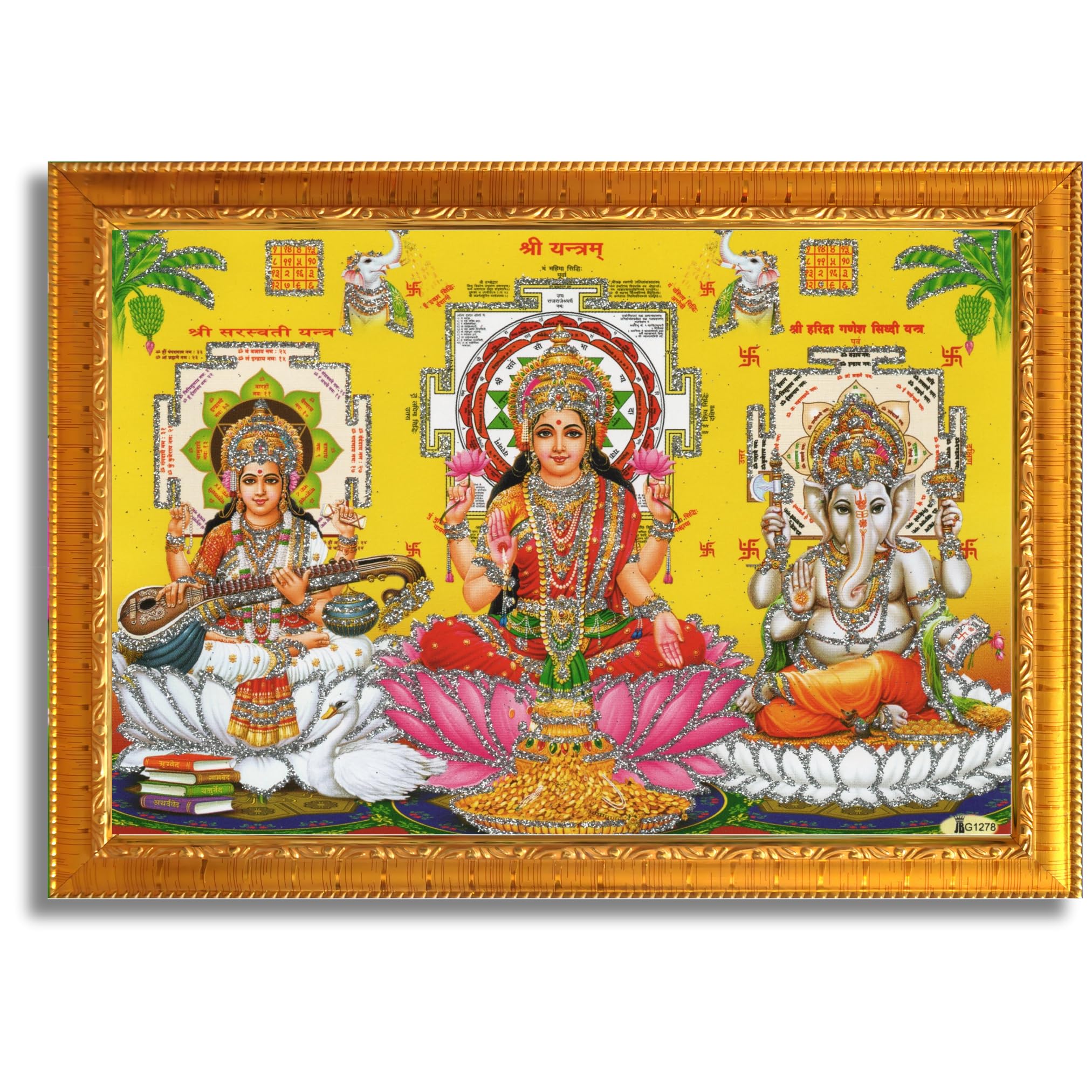 CRAFT QUEST Lakshmi Devi with ganesh ji and saraswati mata Wall Painting Photo Frame Home Decor (Synthetic, Golden, Sparkle Finish, Small Size, 8 X 6 Inch)