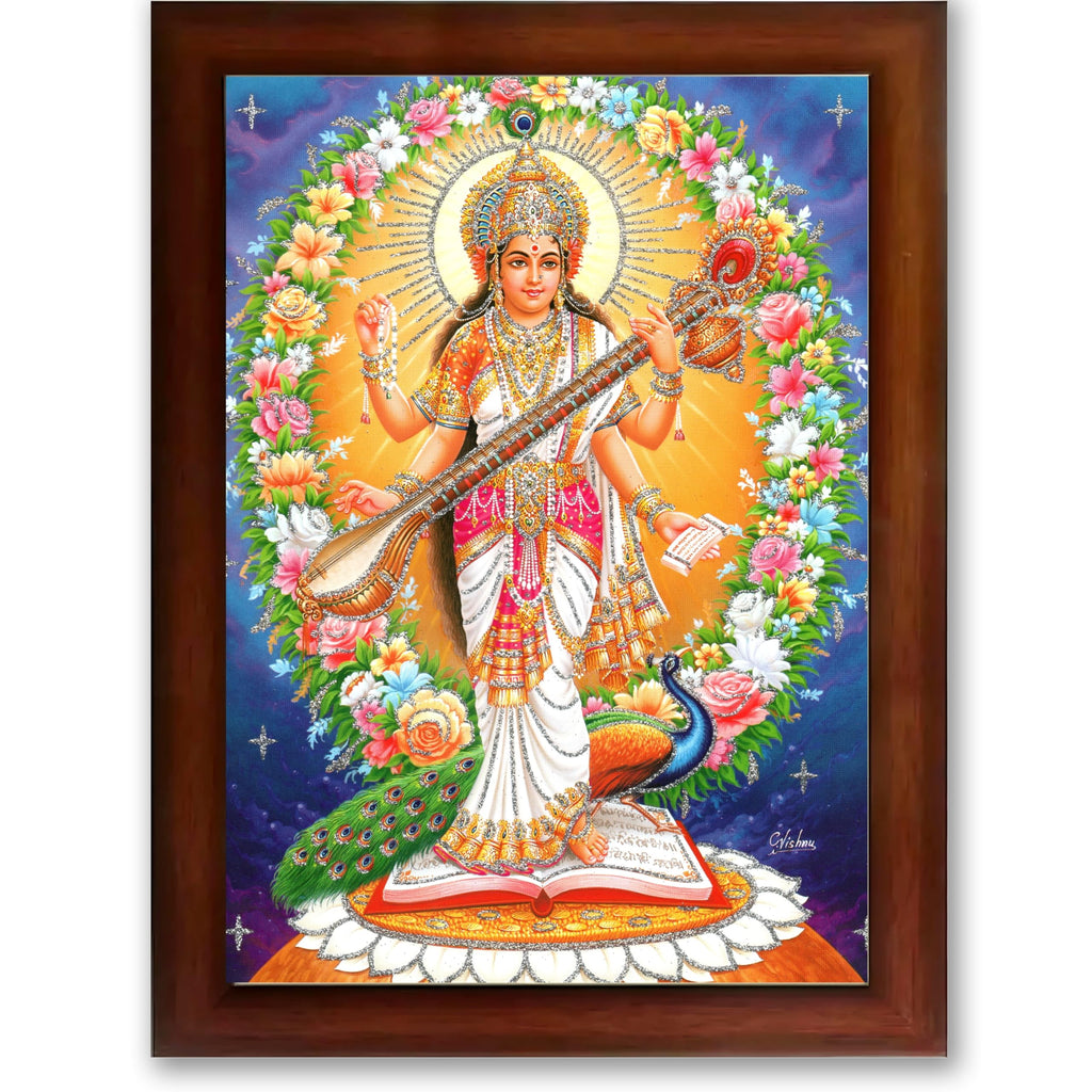 CRAFT QUEST Saraswati Devi Goddess Saraswati Maa Wall Painting Sparkle Coated Framed Home Decor wooden framed