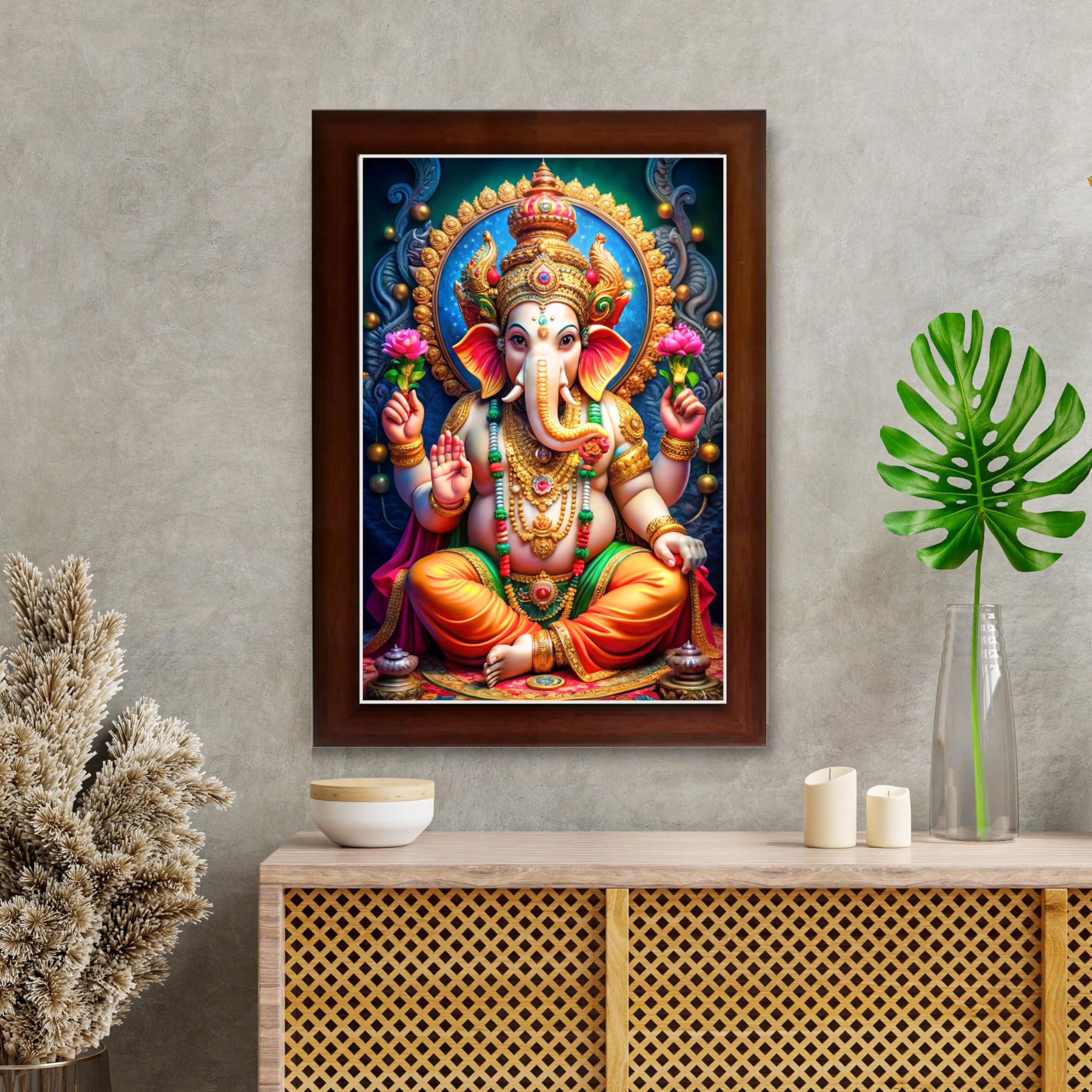 CRAFT QUEST Laminated God Ganpati ji Photo Frame Wall Decor Mandir Pooja Poster Religious Painting Divine Hindu Temple Decoration Spiritual Blessings Home Office Gift