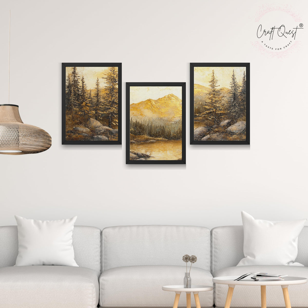 CRAFT QUEST Nature Inspired Painting Of Mountain With Trees Wall Art | Set of 3 Frames for Home Decoration | Ideal for Living Room, Bedroom & Office