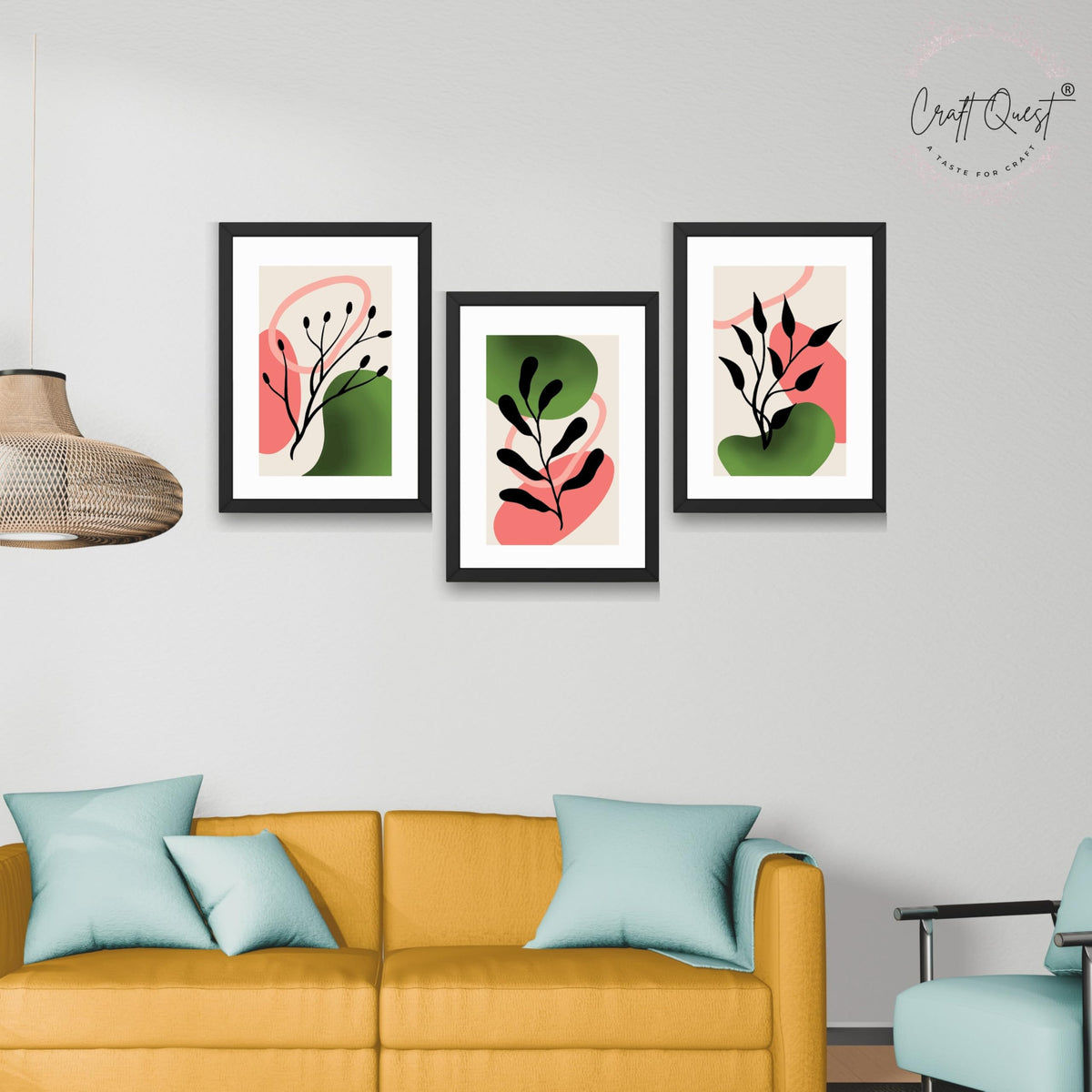 CRAFT QUEST Nature Inspired Abstract Shape & Leaf Wall Art | Set of 3 Frames for Home Decoration | Ideal for Living Room, Bedroom & Offices
