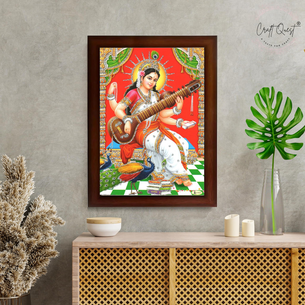 CRAFT QUEST Saraswati Devi Goddess Saraswati Maa Wall Painting Framed Home Decor wooden frame