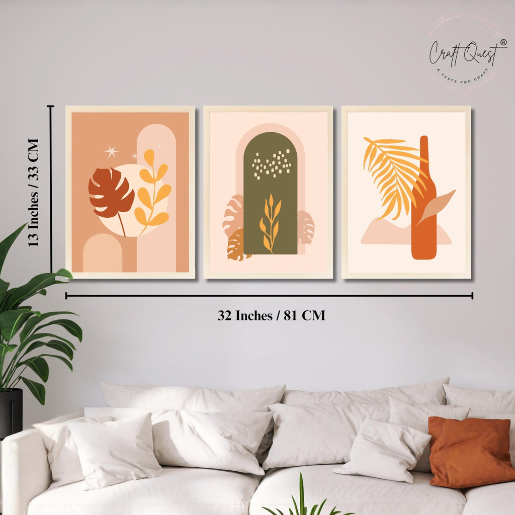 CRAFT QUEST Wall Art Decor Paintings | Set of 3 BOHO Wall Art Frames for Home Decoration | Ideal for Living Room, Offices & Bedrooms