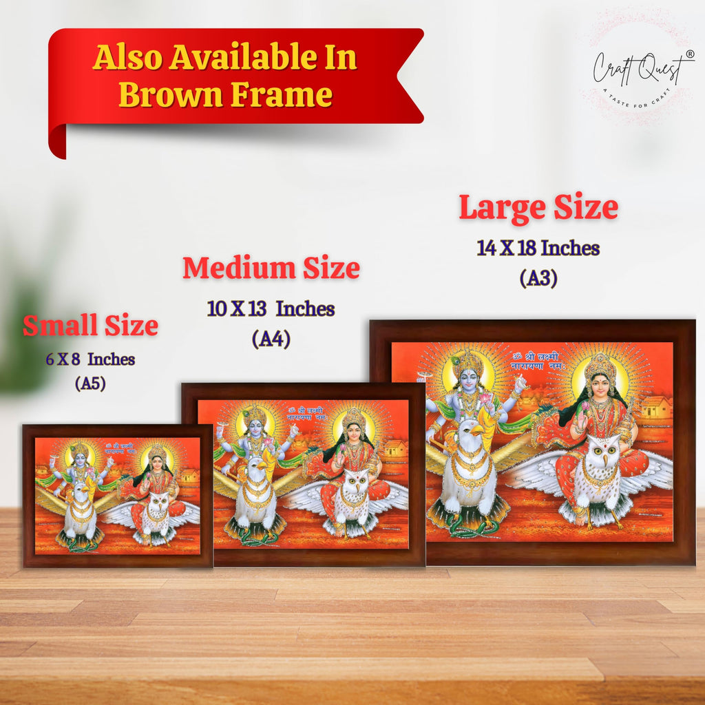 CRAFT QUEST Lord Vishnu and Goddess Lakshmi Giving Blessing on Garud Jii, Glitter Work Painting wooden frame