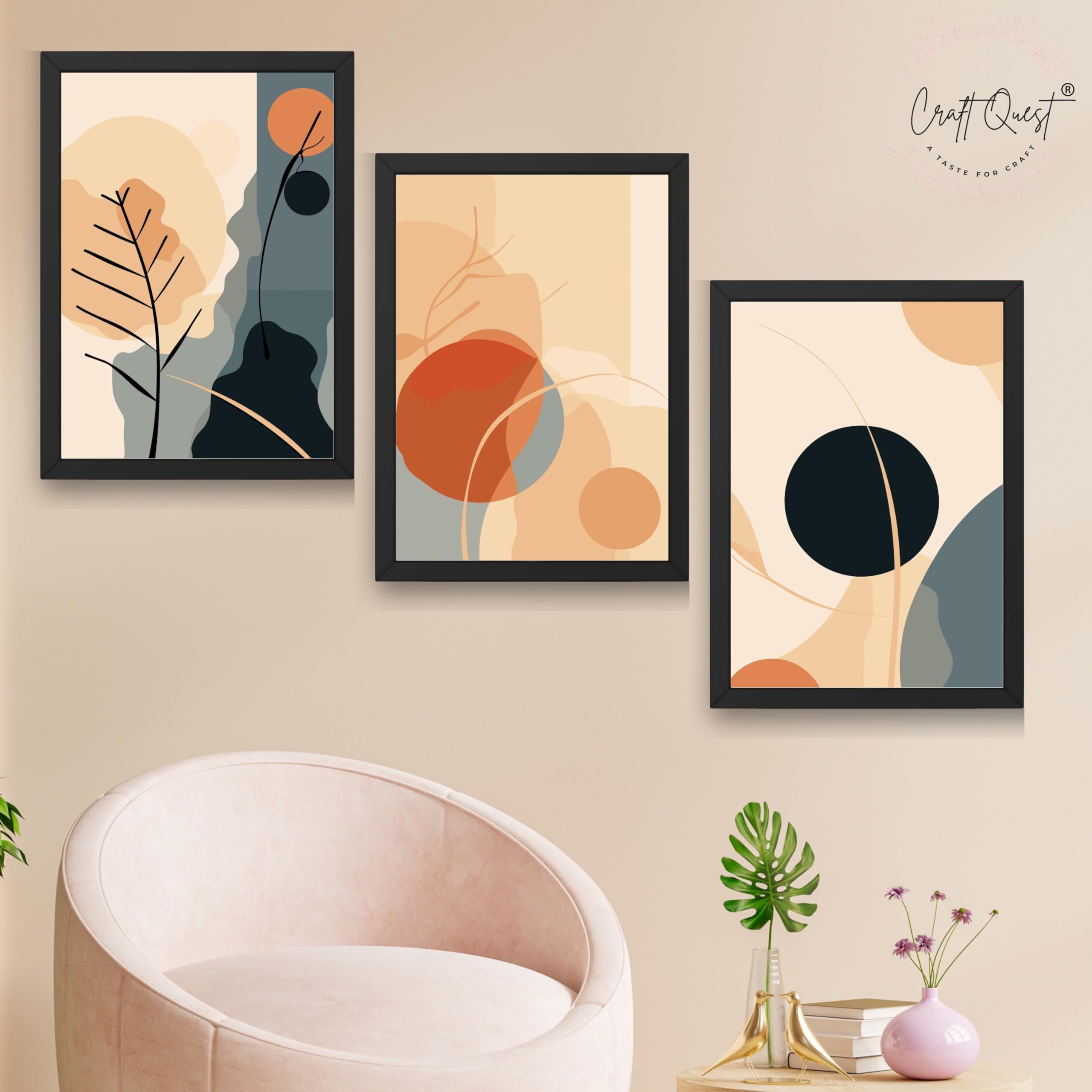 CRAFT QUEST Wall Art Decor Paintings | Set of 3 BOHO Wall Art Frames for Home Decoration | Ideal for Living Room, Officess & Bedrooms