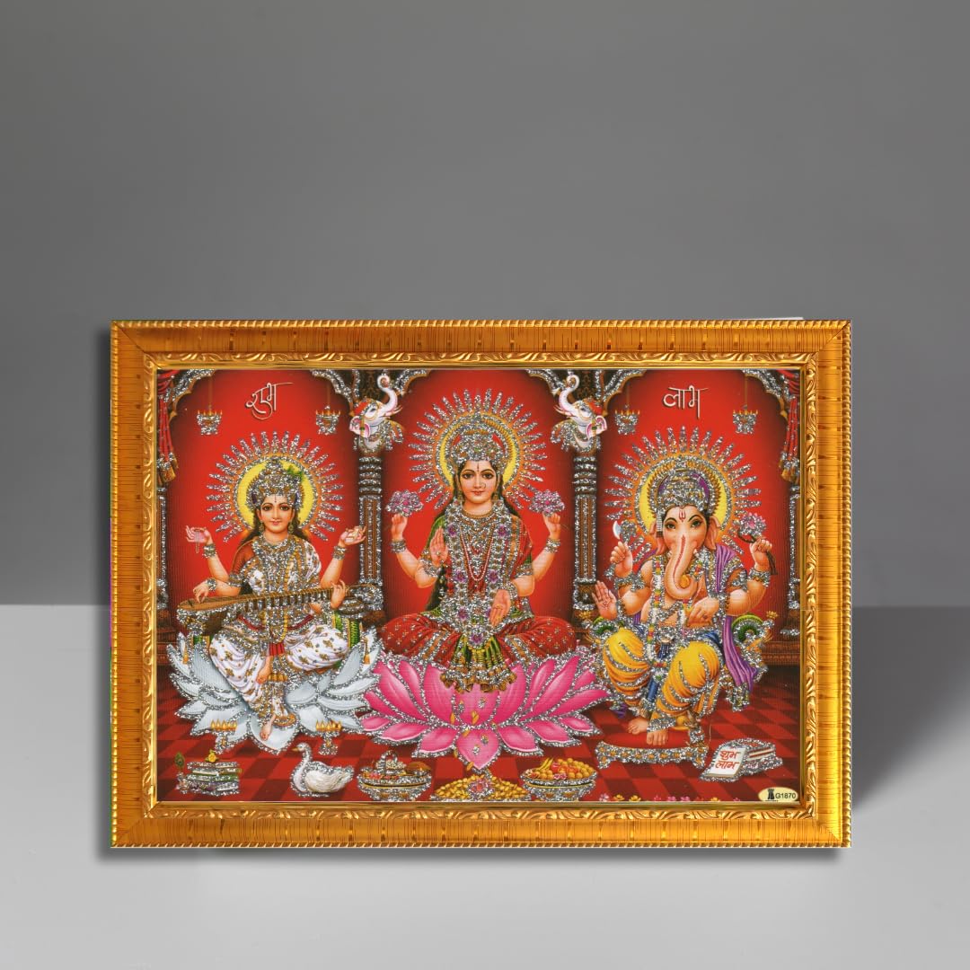 CRAFT QUEST Lakshmi Devi with ganesh ji and saraswati mata Wall Painting Frame Home Decor (Synthetic, Sparkle Finish, Golden, Small Size, 8 X 6 Inch)