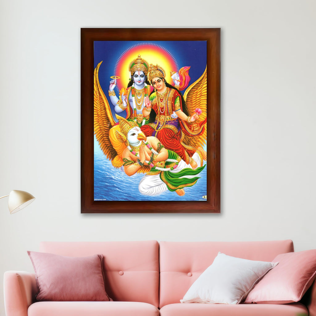 CRAFT QUEST Lord Vishnu and Goddess Lakshmi Giving Blessing on Garud Jii, Glitter Work Painting wooden framed