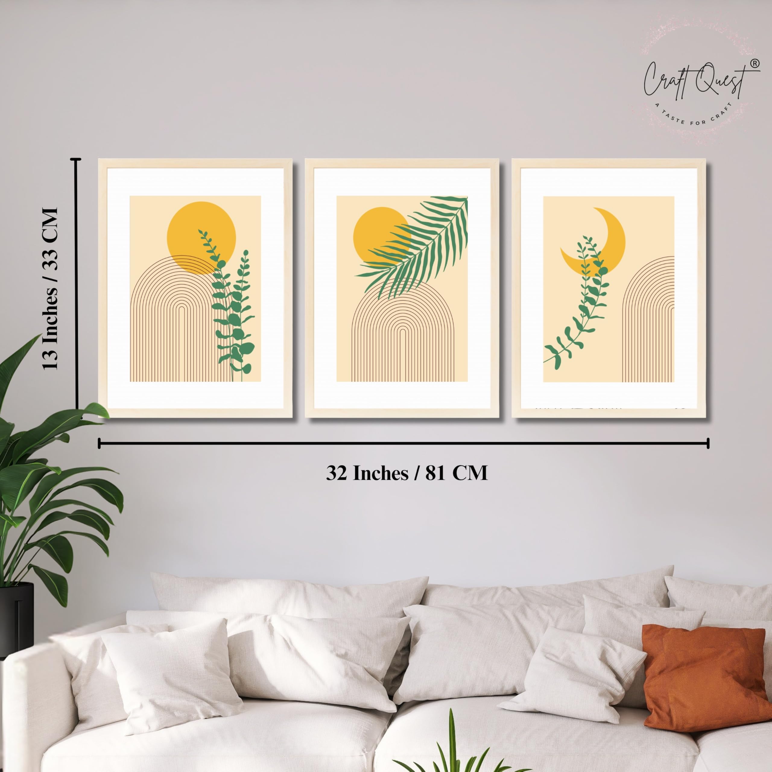 CRAFT QUEST Wall Art Decor Paintings | Set of 3 BOHO Wall Art Frames for Home Decoration | Ideal for Living Room, Bedroom & Office