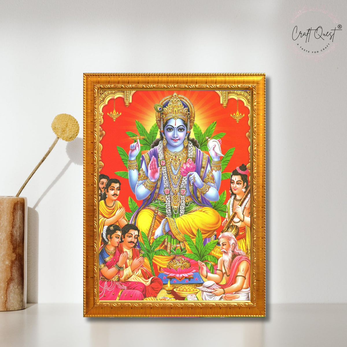 CRAFT QUEST Lord Satyanarayana Swami| Bhagwan Satyanarayan Wall Painting Religious Wood Photo Frame with Acrylic glass