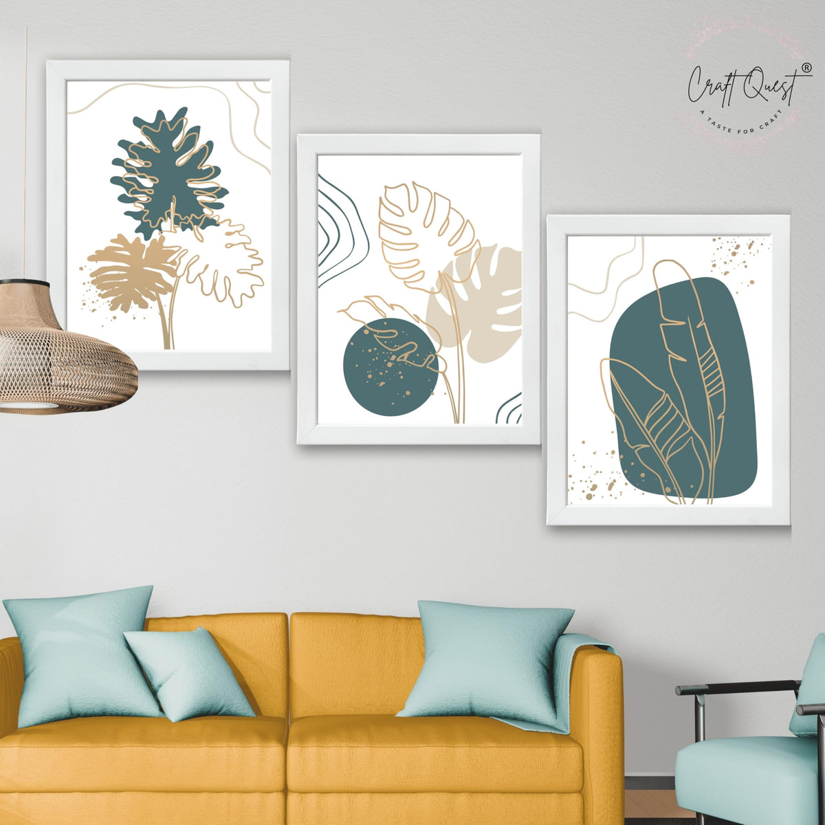 CRAFT QUEST Boho Leaf Artwork | Set of 3 Frames for Home Decoration | Ideal for Living Room, Bedroom & Offices