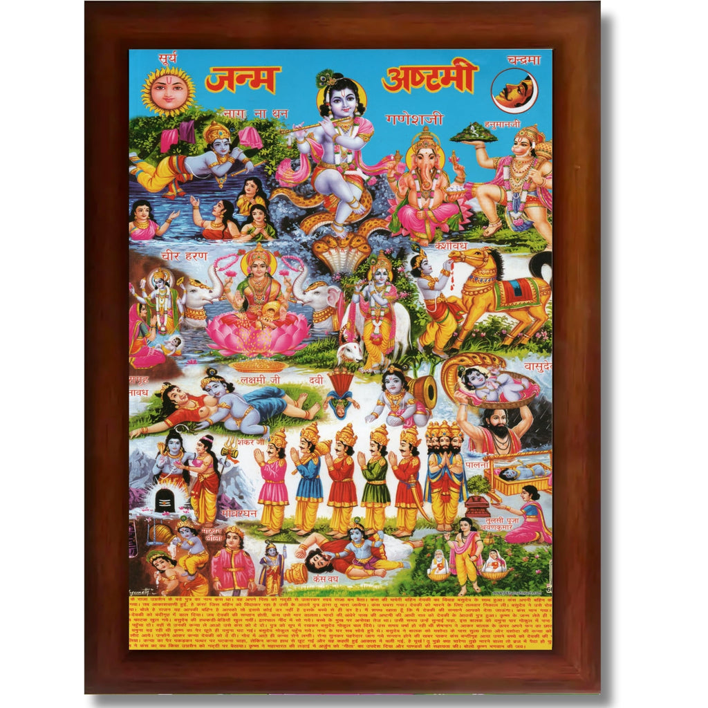 CRAFT QUEST Krishna Janmashtami Photo with Frame, Janmashtami Painting, Hindu God Wall Art, Spiritual Photo for Home Decor, Pooja Room,