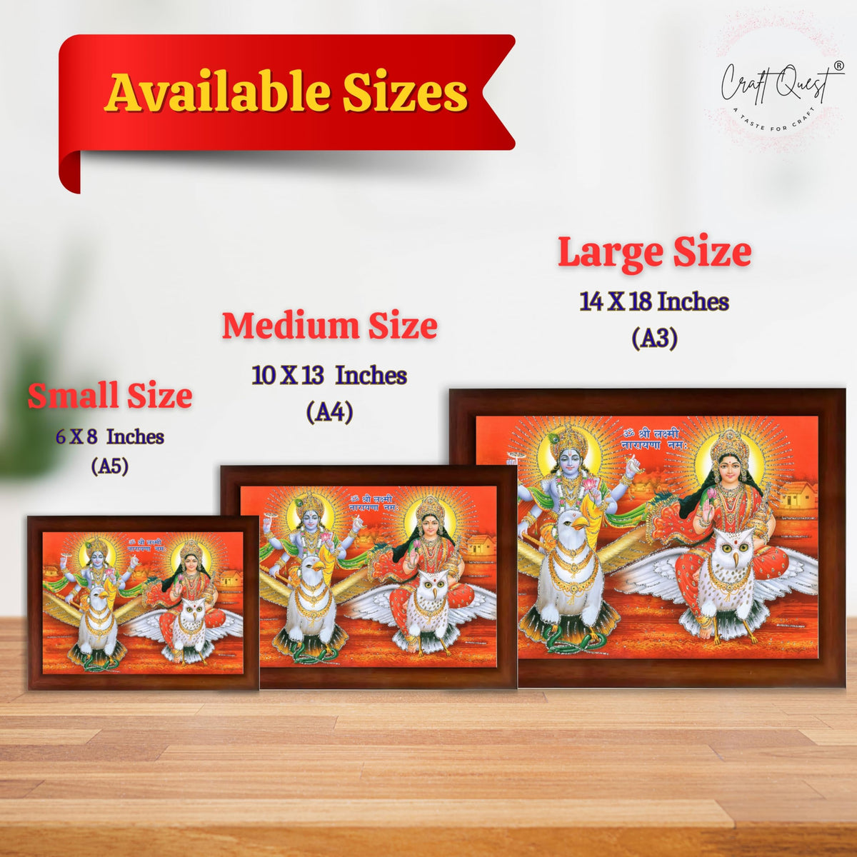 CRAFT QUEST Lord Vishnu and Goddess Lakshmi Giving Blessing on Garud Jii, Glitter Work Painting wooden frame