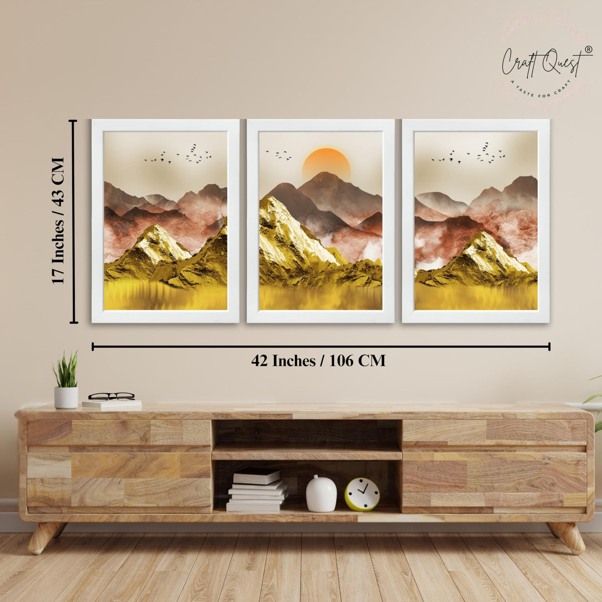 CRAFT QUEST Modern Art Mural Landscape Golden Mountains & Birds Wall Art | Set of 3 Frames for Home Decoration | Ideal for Living Room, Bedroom & Offices